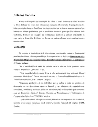 Criterios teóricos

       Como un la mayoría de los campos del saber, la teoría establece la forma de cómo
se deben de hacer las cosas, para este caso en particular del desarrollo de competencias los
criterios estarán dados en función de las competencias que se desean alcanzar, pero se han
establecido ciertos parámetros que es necesario establecer para que los criterios sean
uniformes, de inicio los conceptos de competencias clarifican y unifican impidiendo en
gran parte la dispersión de ideas, por lo que se indican algunas conceptualizaciones a
continuación:

Conceptos

       Se presenta la siguiente serie de conceptos de competencias ya que es fundamental
para la redacción de criterios para el logro de competencias, es decir que los criterios para
determinar el logro de una competencia dependerán necesariamente de la política que
el Estado indique.
       “Es la movilización de todos los recursos hacia la solución de un problema en un
contexto determinado”, Don José Moya.
          “Una capacidad efectiva para llevar a cabo exitosamente una actividad laboral
plenamente identificada”, Centro Interamericano para el Desarrollo del Conocimiento en la
Formación Profesional, CINTERFOR, Uruguay.
       “Capacidad productiva de un individuo que se define y mide en términos de
desempeño en un determinado contexto laboral, y no solamente de conocimientos,
habilidades, destrezas y actitudes; éstas son necesarias pero no suficientes por sí mismas
para un desempeño efectivo”, Consejo Nacional de Normalización y Certificación de
Competencias Laborales, CONOCER, México.
          “Ejercicio eficaz de las capacidades que permiten el desempeño de una ocupación,
respecto a los niveles requeridos en el empleo”, Instituto Nacional del Empleo, INEM,
España.



                  Wenceslao Verdugo R.                              Página 3
 