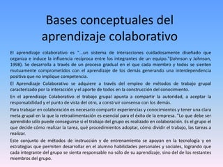Bases conceptuales del
aprendizaje colaborativo
El aprendizaje colaborativo es "...un sistema de interacciones cuidadosamente diseñado que
organiza e induce la influencia recíproca entre los integrantes de un equipo."(Johnson y Johnson,
1998). Se desarrolla a través de un proceso gradual en el que cada miembro y todos se sienten
mutuamente comprometidos con el aprendizaje de los demás generando una interdependencia
positiva que no implique competencia.
El Aprendizaje Colaborativo se adquiere a través del empleo de métodos de trabajo grupal
caracterizado por la interacción y el aporte de todos en la construcción del conocimiento.
En el aprendizaje Colaborativo el trabajo grupal apunta a compartir la autoridad, a aceptar la
responsabilidad y el punto de vista del otro, a construir consenso con los demás.
Para trabajar en colaboración es necesario compartir experiencias y conocimientos y tener una clara
meta grupal en la que la retroalimentación es esencial para el éxito de la empresa. "Lo que debe ser
aprendido sólo puede conseguirse si el trabajo del grupo es realizado en colaboración. Es el grupo el
que decide cómo realizar la tarea, qué procedimientos adoptar, cómo dividir el trabajo, las tareas a
realizar.
Este conjunto de métodos de instrucción y de entrenamiento se apoyan en la tecnología y en
estrategias que permiten desarrollar en el alumno habilidades personales y sociales, logrando que
cada integrante del grupo se sienta responsable no sólo de su aprendizaje, sino del de los restantes
miembros del grupo.
 