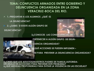 TEMA: CONFLICTOS ARMADOS ENTRE GOBIERNO Y DELINCUENCIA ORGANIZADA EN LA ZONA VERACRUZ-BOCA DEL RIO.1.-PREGUNTAR A LOS ALUMNOS  ¿QUÉ  ES         LA DELINCUENCIA?2.-¿SABES  SI EXISTE ALGÚN GRUPO DE DELINCUENCIA?                                             3¿CONOCES  LAS CONSECUENCIAS DE                                                PERTENECER A ALGÚN GRUPO  DE DELIN-                                              CUENCIA ORGANIZADA?                                             4¿QUÉ ACCIONES SE PUEDEN IMPLEMEN –                                              TAR PARA  PREVENIR LA DELINCUENCIA ORGANIZADA?5¿CREES QUE LOS ADULTOS(MAESTROS,PADRES DE FAMILIA,AUTORIDA- DES)REALICEN ACCIONES PARA PREVENIR ESTE PROBLEMA?                              6¿QUÉ MEDIDAS PROPONDRIAS PARA EVITAR LA VIOLENCIA EN LAS ESCUELAS?