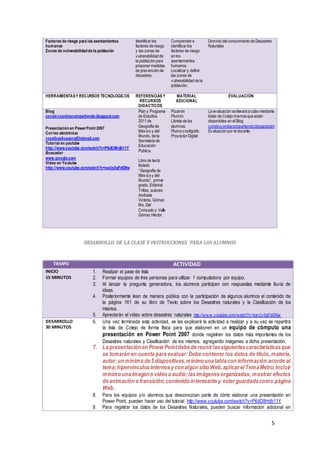5
Factores de riesgo para los asentamientos
humanos
Zonas de vulnerabilidadde la población
Identificar los
factores de riesgo
y las zonas de
vulnerabilidad de
la población para
proponer medidas
de prevención de
desastres.
Comprender e
identificar los
factores de riesgo
en los
asentamientos
humanos.
Localizar y definir
las zonas de
vulnerabilidad de la
población.
Dominio del conocimiento de Desastres
Naturales
HERRAMIENTASY RECURSOS TECNOLOGICOS REFERENCIAS Y
RECURSOS
DIDACTICOS
MATERIAL
ADICIONAL
EVALUACIÓN
Blog
construyendoycompartiendo.blogspot.com
Presentaciónen PowerPoint 2007
Correo electrónico
rosalbasilvacano@hotmail.com
Tutorial en youtube
http://www.youtube.com/watch?v=P6dD8Hdb11Y
Buscador
www.google.com
Video en Youtube
http://www.youtube.com/watch?v=swUy0qFdGNw
Plan y Programa
de Estudios
2011 de
Geografía de
México y del
Mundo, de la
Secretaría de
Educación
Pública.
Libro de texto
titulado
“Geografía de
México y del
Mundo”, primer
grado, Editorial
Trillas; autores:
Andrade
Victoria, Gómez
Ma. Del
Consuelo y Valle
Gómez Héctor.
Pizarrón
Plumón
Libreta de los
alumnos.
Pluma o bolígrafo.
Proyector Digital
La evaluación se llevará a cabo mediante
listas de Cotejo mismasque están
disponibles en el Blog
construyendoycompartiendo.blogspot.com
Evaluación por el docente.
DESARROLLO DE LA CLASE E INSTRUCCIONES PARA LOS ALUMNOS
TIEMPO ACTIVIDAD
INICIO
15 MINUTOS
1. Realizar el pase de lista
2. Formar equipos de tres personas para utilizar 1 computadora por equipo.
3. Al lanzar la pregunta generadora, los alumnos participen con respuestas mediante lluvia de
ideas.
4. Posteriormente lean de manera pública con la participación de algunos alumnos el contenido de
la página 161 de su libro de Texto sobre los Desastres naturales y la Clasificación de los
mismos.
5. Apreciarán el video sobre desastres naturales http://www.youtube.com/watch?v=swUy0qFdGNw
DESARROLLO
30 MINUTOS
6. Una vez terminada esta actividad, se les explicará la actividad a realizar y a su vez se repartirá
la lista de Cotejo de forma física para que elaboren en un equipo de cómputo una
presentación en Power Point 2007 donde registren los datos más importantes de los
Desastres naturales y Clasificación de los mismos, agregando imágenes a dicha presentación.
7. Lapresentación en PowerPointdebedereunirlassiguientescaracterísticasque
se tomarán en cuenta para evaluar: Debe contener los datos de titulo, materia,
autor;un mínimo de5 diapositivas,mínimounatablacon información acorde al
tema;hipervínculosinternosycon algún sitio Web,aplicarel TemaMetro;incluir
mínimo unaimageno video o audio;lasimágenesorganizadas; mostrar efectos
deanimación o transición;contenido interesantey estarguardadacomo página
Web.
8. Para los equipos y/o alumnos que desconozcan parte de cómo elaborar una presentación en
Power Point, pueden hacer uso del tutorial http://www.youtube.com/watch?v=P6dD8Hdb11Y
9. Para registrar los datos de los Desastres Naturales, pueden buscar información adicional en
 