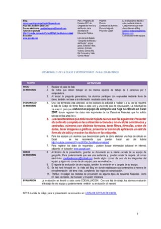7
Blog
construyendoycompartiendo.blogspot.com
Hoja de Cálculo enExcel 2007
Correo electrónico rosalbasilvacano@hotmail.com
Tutorial en youtube
http://youtube.com/watch?v=sc063GyL5yo&feature=related
Buscador
www.google.com
Plan y Programa de
Estudios 2011 de
Geografía de México y
del Mundo, de la
Secretaría de
Educación Pública.
Libro de texto titulado
“Geografía de México y
del Mundo”, primer
grado, Editorial Trillas;
autores: Andrade
Victoria, Gómez Ma.
Del Consuelo y Valle
Gómez Héctor
Pizarrón
Plumón
Libreta de los alumnos.
Pluma o bolígrafo.
Proyector Digital
La evaluación se llevará a
cabo mediante listas de
Cotejo mismas que están
disponibles en el Blog
construyendoycompartiendo.
blogspot.com
Coevaluación entre equipos.
DESARROLLO DE LA CLASE E INSTRUCCIONES PARA LOS ALUMNOS
TIEMPO ACTIVIDAD
INICIO
10 MINUTOS
1. Realizar el pase de lista
2. Se indica que deben trabajar en los mismos equipos de trabajo de 3 personas por 1
computadora.
3. Al lanzar la pregunta generadora, los alumnos participen con respuestas mediante lluvia de
ideas, también en base a la información recabada como tarea.
DESARROLLO
30 MINUTOS
4. Una vez terminada esta actividad, se les explicará la actividad a realizar y a su vez se repartirá
la lista de Cotejo de forma física a cada uno y una extra para la coevaluación. La individual les
va a servir para que elaborenen equipo de cómputo una hoja de cálculo en Excel
2007 donde registren los datos más importantes de los Desastres Naturales que ha sufrido
México en los años 90´s
5. Lascaracterísticasquedebereunirhojadecálculo sonlassiguientes:Presentar
el contenido completo en lasceldasbien ordenadas,tenerceldas combinadas y
centradas, números con distintos formatos; tener filtros, fórmulas, orden de
datos, tener imágenes o gráficos; presentar el contenido aplicando un estil de
formato de tabla y mostrar los títulos en las etiquetas.
6. Para los equipos y/o alumnos que desconozcan parte de cómo elaborar una hoja de cálculo en
Excel se les recomienda que pueden hacer uso del tutorial
http://youtube.com/watch?v=sc063GyL5yo&feature=related
7. Para registrar los datos de requeridos , pueden buscar información adicional en internet,
utilizando el buscador www.google.com
CIERRE
10 MINUTOS
8. Al término de la presentación, guardar su documento en la misma carpeta de su equipo de
geografía. Para posteriormente que sea una evidencia y puedan enviar la carpeta al correo
electrónico rosalbasilvacano@hotmail.com desde algún correo de uno de los integrantes del
equipo y algún otro correo de otro equipo para ser evaluados.
9. El reporte de evaluación de otro equipo, también lo enviarán en la carpeta de su equipo.
10. Se les hará hincapié en la visita del Blog en donde establezcan sus comentarios a manera de
retroalimentación del tema visto, cumpliendo las reglas de comunicación.
11. TAREA: Investigar las medidas de prevención de algunos tipos de desastres Naturales como
En caso de Sismo, de Huracán y Erupción Volcánica
EVALUACION La evaluación se llevará a cabo como COEVALUACION: Con una lista de cotejo, los alumnos evaluarán
el trabajo de otro equipo y posteriormente emitirán su evaluación al maestro
NOTA: La lista de cotejo para la presentación se encuentra en: LISTA DE COTEJO DE EXCEL
 