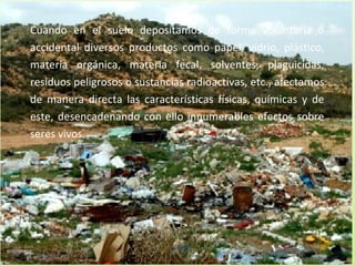 Cuando en el suelo depositamos de forma voluntaria o
accidental diversos productos como papel, vidrio, plástico,
materia orgánica, materia fecal, solventes, plaguicidas,
residuos peligrosos o sustancias radioactivas, etc., afectamos
de manera directa las características físicas, químicas y de
este, desencadenando con ello innumerables efectos sobre
seres vivos.

 