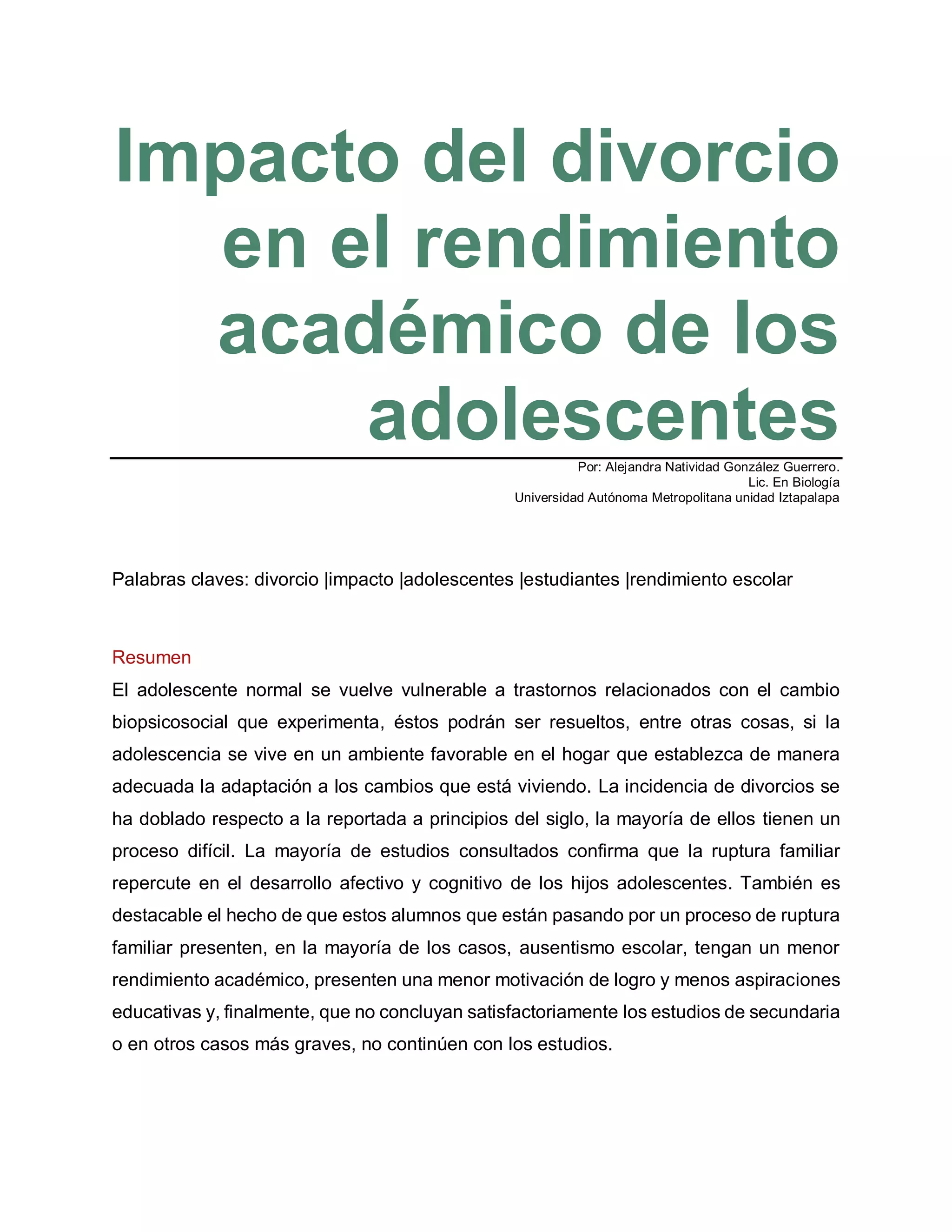 Impacto del divorcio en el rendimiento académico de los adolescentes | PDF