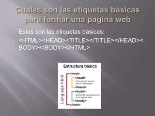 Estas son las etiquetas basicas: 
<HTML><HEAD><TITLE></TITLE></HEAD>< 
BODY></BODY></HTML> 
 