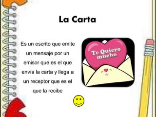 La Carta
Es un escrito que emite
un mensaje por un
emisor que es el que
envía la carta y llega a
un receptor que es el
que la recibe
 
