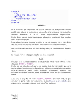 <TABLE > 
<TR> 
<TD>1 </TD> <TD> 2 </TD> 
</TR> <TR> 
<TD>3 </TD> <TD> 4</TD> 
</TR> 
</TABLE> 
Etiquetas 
básicas 
de html 
PARRAFOS 
HTML considera que los párrafos son bloques de texto. Los navegadores hacen lo 
posible para adaptar el contenido de los párrafos a la ventana, a menos que los 
atributos NOWRAP o NOBR estén explícitamente especificados. 
Dentro de un párrafo, todos los espacios, tabuladores y saltos de línea cuentan 
como un espacio simple. 
Para colocar textos en bloques, se utiliza el par de etiquetas <p> y </p>. Esta 
etiqueta puede incluir cualquiera de los atributos mencionados anteriormente. 
Los saltos de línea (saltar de una línea a la siguiente) se crean usando la etiqueta 
<br/>. 
La etiqueta <hr> se utiliza para insertar una línea horizontal. 
BODY 
El cuerpo es la segunda sección de la estructura del HTML y está definida por las 
etiquetas <BODY>...</BODY>. 
Dentro de las etiquetas del cuerpo se localiza toda la información que será 
desplegada en los exploradores. Por ejemplo, podemos encontrar elementos tales 
como: encabezados, textos, tablas, imágenes, animaciones, etcétera, que 
contienen sus propios atributos y que repasaremos una a una en los siguientes 
temas. 
A su vez, la etiqueta del cuerpo <BODY>...</BODY>, contienen atributos que 
controlan la parte visible del documento. Estos atributos o propiedades son 
popularmente usados para agregar color y diseño a la página. 
 