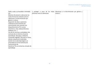 PRODUCTO 5.2 DISEÑO DE EVALUACIÓN DE LA UDI
CEIP MEDITERRÁNEO
34
habla, cuida su privacidad o intimidad,
etc…
Maneras de prevenir y denunciar las
malas formas de conducta como el
ciberacoso o la discriminación por
género o cultura.
Exposición de ideas y opiniones
mediante las herramientas de
comunicación más comunes con
dispositivos de las TIC ( correo
electrónico, chat, videoconferencia
telefonía, etc…).
Uso de los recursos y actividades más
comunes de un entorno virtual de
aprendizaje: descarga y subida de
contenidos digitales, discusión en foros,
edición conjunta de contenidos.
Gestión de la identidad digital y la
privacidad en las herramientas de
comunicación de
Gestió las TIC y en entornos virtuales de
aprendizaje.
y proteger a otros de las malas
prácitcas como el ciberacoso.
ciberacoso o la discriminación por género y
cultura )
 