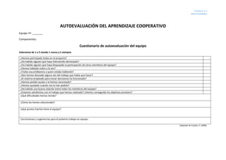 Producto 5.3
MEDITERRÁNEO
AUTOEVALUACIÓN DEL APRENDIZAJE COOPERATIVO
Equipo nº: _______
Componentes:
Cuestionario de autoevaluación del equipo
Valoramos de 1 a 5 siendo 1 nunca y 5 siempre.
¿Hemos participado todos en el proyecto?
¿Ha habido alguien que haya intervenido demasiado?
¿Ha habido alguien que haya bloqueado la participación de otros miembros del equipo?
¿Hemos hablado todos a la vez?
¿Todos escuchábamos a quien estaba hablando?
¿Nos hemos desviado alguna vez del trabajo que había que hacer?
¿El sistema empleado para tomar decisiones ha funcionado?
¿Hemos pedido ayuda si la hemos necesitado?
¿Hemos ayudado cuando nos lo han pedido?
¿Ha habido una buena relación entre todos los miembros del equipo?
¿Estamos satisfechos con el trabajo que hemos realizado? ¿Hemos conseguido los objetivos previstos?
¿Qué dificultades hemos tenido?
¿Cómo las hemos solucionado?
¿Qué puntos fuertes tiene el equipo?
Conclusiones y sugerencias para el próximo trabajo en equipo.
Adaptado de Pujolàs, P. (2008).
 