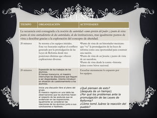 SECUENCIA   2 TIEMPO ORGANIZACIÓN ACTIVIDADES La secuencia está consagrada a la noción de  autoridad –como ejercicio del poder- y punto de vista: puntos de vista contradictorios de dos autoridades, de dos  instituciones, mas igualmente puntos de vista a descifrar gracias a la exploración del concepto de alteridad. 20 minutos Se retorna a los equipos iniciales. Esta vez buscarán explicar el conflicto generado por la promulgación de las Leyes de Reforma desde tres posiciones distintas que ofrecen explicaciones diversas. Punto de vista de un historiador mexicano que “ve” la promulgación de las leyes de reforma como una oportunidad para construir una nación. Punto de vista de un Jesuita y punto de vista de un sacerdote. Punto de vista desde la contra –historia: Juárez como héroe nacional. 20 minutos Exposición de los trabajos de los alumnos. El tiempo transcurre, el maestro interrumpe las discusiones que lleguen a ser disparatadas. Intenta introducir en situación de cuestionamiento a los alumnos. Escuchar atentamente lo expuesto por los equipos. Inicia una discusión libre al pleno del grupo. El maestro registra en una tabla las observaciones que los alumnos hacen al respecto de las posturas que se evidencian en las exposiciones. Igualmente se consideran las reacciones de los alumnos junto a sus conclusiones e hipótesis. ¿Qué piensan de esto? (después de un tiempo) ¿Por qué los problemas ante la promulgación de las Leyes de Reforma? ¿Cómo tomó Juárez la reacción del pueblo? 