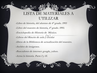 LISTA DE MATERIALES A UTILIZAR -Libro de historia, del alumno de 4° grado. 1993 -Libro del maestro de historia, 4° grado. 1993. -Enciclopedia de Historia de  México.  -Libros del Rincón de aula y escolar -libros de la Biblioteca de actualización del maestro. -Archivo de imágenes. -Buscadores de internet: google, yahoo. -Arma la historia. Parte I y II. 