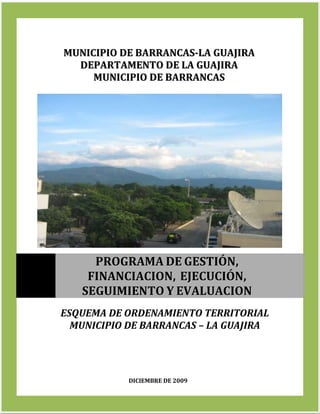 PROGRAMA DE GESTIÓN, FINANCIACION,  EJECUCIÓN, SEGUIMIENTO Y EVALUACION  MUNICIPIO DE BARRANCAS-LA GUAJIRA DEPARTAMENTO DE LA GUAJIRAMUNICIPIO DE BARRANCASESQUEMA DE ORDENAMIENTO TERRITORIALMUNICIPIO DE BARRANCAS – LA GUAJIRADICIEMBRE DE 2009-1739811199041<br />ESQUEMA DE ORDENAMIENTO TERRITORIAL  <br />MUNICIPIO DE BARRANCAS<br />DEPARTAMENTO DE LA GUAJIRA<br />2008  - 2015<br />DOCUMENTO TÉCNICO DE SOPORTE<br />GESTIÓN Y FINANCIACIÓN<br />PROGRAMA DE EJECUCIÓN<br />SEGUIMIENTO Y EVALUACIÓN<br />BARRANCAS - DICIEMBRE DE 2009<br />DIRECCIÓN DEL GOBIERNO MUNICIPAL<br />   <br />ALCALDE MUNICIPAL:                                  Dr. JUAN CARLOS LEÓN SOLANOSECRETARIO DE PLANEACIÓN E INFRAESTRUCTURA                                            YACSON YAIR HERNÁNDEZ M SECRETARIO DE GOBIERNO Y GESTION ADMINISTRATIVA                                  DONALDO ROMERO ZARATE SECRETARIO DE ACCION SOCIAL                         JAVITH FIGUEROA BRITO SECRETARIO DE HACIENDA MUNICIPAL                                                              EMIRO JAVIER BRITO BOLÍVAR SECRTARIO JURÍDICO                                             SILVIO URBINA SECRETARIO PRIVADO                                             LUÍS ANGEL MEJIA  DIRECTOR FONDEBA                                               ANGELO UCROS OSPINO PERSONERO MUNICIPAL                                        GEINER FONSECA SOLANO <br /> <br />  <br />HONORABLE CONCEJO MUNICIPAL<br /> <br /> <br />AUGUSTO JOSE HERNÁNDEZ URECHE                                         PRESIDENTE  <br />ELDA MERCEDES CARRILLO G.                                                      1º VICEPRESIDENTE <br />AMANCIO RAFAEL PINTO C.                                                          2º VICEPRESIDENTE <br /> <br /> <br />COMISION 3º (DEL PLAN)<br />AUGUSTO JOSE HERNÁNDEZ U.<br />JOSE GREGORIO SALTAREN G.<br />MARCO CARRILLO PUCHE.<br /> <br /> <br />CONCEJALES<br />JOSE ALFONSO ARIAS CAMPUZANO<br />EDER AURELIO ARREGOCES PINTO<br />ROCIO LUZ SOLANO MARULANDA<br />MARCOS CARRILLO PUCHE.<br />JESÚS ENRIQUE ACOSTA FUENTES<br />JOSÉ GREGORIO SALTAREN GOMEZ<br />PEDRO JOSE SOLANO SALTAREN<br />WILMAR JOSE SOTO BOLIVAR.<br />ROBERTH NICOLAS REDONDO PINTO<br />ALMEIRO DE JESUS MEJIA CARRILLO<br />   <br />CONSEJO TERRITORIAL DE PLANEACION <br /> <br /> <br />LISBEHT CECILIA SOLANO<br />NEISY AMAYA<br />SERAFINA CANTILLO M.<br />JAIDER ORCASITAS<br />OSCAR HURTADO<br />LUIS ARTURO PINTO<br />OSCAR OÑATE<br />DIRIS PEREZ SOTO<br />GENIHT SOLANO<br />ORLANIS FIGUEROA<br />JOSE FERNANDO AMAYA<br />ELOISA ABDALA CELEDÓN<br />ORLANDO PÉREZ<br />JACOB DIAZ<br />LUIS ALFONSO DIAZ JIMENEZ <br />YUDI BIBIANA AMAYA<br />EQUIPO TÉCNICO CONSULTORIA<br /> <br />HUMBERTO TEJADA DE LA OSSA:   Dirección del proyecto<br />Ms: Planificación y Administración del Desarrollo Regional.<br />DORY LUZ JIMENEZ MONTIEL: Investigador<br />Ingeniero Sanitario y Ambiental<br />ALEJANDRO BERNAL VALENCIA: Investigador<br />Geólogo<br />JOSÉ RAFAEL ARAUJO NEGRINIS: Investigador<br />Abogado<br />SONIA GÓMEZ BUSTAMANTE: Investigador<br />Arquitecta<br />JUAN FRANCISCO SANTAMARIA COLEGIAL: Investigador<br />Antropólogo.<br />SERAFÍN VELÁSQUEZ ACOSTA: Investigador<br />Ingeniero Agrónomo<br />JOSE LUÍS ESPRIELLA PATERNINA: Cartografía<br />Geógrafo.<br />ROGER GARCÍA VERGARA: Investigador<br />Ingeniero Agrónomo<br />JOSEHT JADIRD RAMIREZ DAVID: Investigador<br />Ingeniero Sanitario y Ambiental<br />AYRA LUZ VELASQUEZ BARRIOS<br />Geógrafo. Asistente y revisión de  cartografía<br />TABLA DE CONTENIDO<br /> TOC  quot;
1-3quot;
    1.      GESTIÓN Y FINANCIACIÓN……     ………………………………………………………………...    PAGEREF _Toc235094413  91.1.    FUENTES DE FINANCIACIÓN DEL  EOT PAGEREF _Toc235094414  111.1.1.Fuente: Municipio de Barrancas-La Guajira PAGEREF _Toc235094415  111.1.2.Fuente: Departamento de la Guajira PAGEREF _Toc235094416  251.1.3.Fuente: La nación PAGEREF _Toc235094417  261.2. EVALUACIÓN PRELIMINAR DE RECURSOS PAGEREF _Toc235094418  271.3.  ACTUACIONES PRIORITARIAS PAGEREF _Toc235094419  272.PROGRAMA DE EJECUCIÓN PAGEREF _Toc235094420  393.SEGUIMIENTO Y EVALUACIÓN  PAGEREF _Toc235094421  68<br />INDICE DE TABLAS<br /> TOC    quot;
Tablaquot;
 Tabla 1. Estructura de ingresos y gastos 2007-2008 (millones de pesos) PAGEREF _Toc235094672  12<br />Tabla 2. Operaciones efectivas (Millones de pesos corrientes) PAGEREF _Toc235094673  13<br />Tabla 3. Ingresos corrientes de libre destinación (Millones de pesos corrientes) PAGEREF _Toc235094674  14<br />Tabla 4. Gastos corrientes (Millones de Pesos corrientes) PAGEREF _Toc235094675  15<br />Tabla 5. Cálculo del déficit o ahorro corriente (millones de pesos) PAGEREF _Toc235094676  16<br />Tabla 6. Relación gastos de funcionamiento / ICLD PAGEREF _Toc235094677  16<br />Tabla 7. Ingresos de capital (millones de pesos corrientes) PAGEREF _Toc235094678  17<br />Tabla 8. Plan financiero 2008-2011 (pesos corrientes) PAGEREF _Toc235094679  19<br />Tabla 9. Proyección de ingresos corrientes de libre destinación (pesos corrientes) PAGEREF _Toc235094680  19<br />Tabla 10. Proyección de los ingresos de capital (pesos corrientes) PAGEREF _Toc235094681  21<br />Tabla 11. Proyección de los gastos corrientes (pesos corrientes) PAGEREF _Toc235094682  22<br />Tabla 12.  Cálculo de capacidad de pago PAGEREF _Toc235094683  23<br />Tabla 13. Cálculo de los ingresos disponibles PAGEREF _Toc235094684  24<br />Tabla 14. Proyección de los ingresos de capital período 2009-2015 PAGEREF _Toc235094685  29<br />Tabla 15. Proyección de ingresos período 2009-2015(pesos corrientes) PAGEREF _Toc235094686  30<br />Tabla 16. Fuente de financiación por sectores, nivel territorial y objetivos de inversión PAGEREF _Toc235094687  32<br />Tabla 17. Programa de  ejecución  zona urbana PAGEREF _Toc235094688  40<br />Tabla 18. Programa de  ejecución  zona rural PAGEREF _Toc235094689  51<br />Tabla 19. Indicadores aplicables PAGEREF _Toc235094690  74<br />GESTIÓN Y FINANCIACIÓN<br />La Ley 388 de 1997 en su Artículo 38 señala que “los planes de ordenamiento territorial y las normas urbanísticas que los desarrollen deberán establecer mecanismos que garanticen el reparto equitativo de las cargas y los beneficios derivados del ordenamiento urbano...”. Entre otros mecanismos generadores de recursos, plantea las unidades de actuación,  la compensación y la transferencia de derechos de construcción y desarrollo, fundamentado en el principio de igualdad de los ciudadanos ante las normas.<br />La gestión es una de las fases y actividades fundamentales en el desarrollo de y concreción de un plan; sin la gestión no se lograría alcanzar los objetivos y construir el escenario acordado, y en esta responsabilidad se incluyen principalmente las autoridades municipales como las directamente responsables de la orientación del proceso, pero igualmente todos los demás actores institucionales locales, departamentales, nacionales, actores privados y ciudadanía en general, deben coadyuvar a la gestión y a la financiación del plan.<br />Los instrumentos de gestión son todos los medios o mecanismos de que puede valerse la administración municipal y los diferentes actores comprometidos en el plan, para la consecución de los recursos financieros y de otro tipo para el logro de los objetivos y metas del mismo.<br /> <br />Dentro de los instrumentos de gestión, existen funciones específicas, unos son de planeación, otros de gestión y de financiación. El principal instrumento de planeación lo constituye el EOT y los actos administrativos que contengan decisiones para la ordenación del territorio, como:<br />Planes parciales<br />Planes locales<br />Acuerdo y Decretos reglamentarios expedidos por el Concejo Municipal y el Alcalde<br />Permisos o licencias de actuaciones urbanas o rurales.<br />El programa de ejecución<br />La gestión y financiación del presente EOT, contempla entre los instrumentos y estrategias, los señalados en la Ley 388 de 1997 y sus decretos reglamentarios, esos instrumentos son los principales generadores de plusvalía, cuya participación “se destinará a la defensa y fomento del interés común a través de acciones y operaciones encaminadas a distribuir y sufragar equitativamente los costos del desarrollo urbano, así como al mejoramiento del espacio público y, en general, de la calidad urbanística del territorio municipal o  distrital”.<br />Entre los hechos generadores de plusvalía, se tendrán en cuenta:<br />La incorporación de suelo rural a suelo de expansión urbana o la consideración de parte del suelo rural como suburbano.<br />El establecimiento o modificación del régimen o la zonificación de usos del      suelo <br />La autorización de un mayor aprovechamiento del suelo en edificación, bien sea elevando el índice de ocupación o el índice de construcción, o ambos a la vez. <br />El Concejo Municipal establecerá mediante Acuerdos de carácter general, las normas para la aplicación de la participación en la plusvalía en los respectivos casos y determinaciones de las unidades de actuación,  la compensación y la transferencia de derechos de construcción y desarrollo señalados en la ley citada.<br />Además, el plan contempla la utilización de otros instrumentos de gestión igualmente señalados en la ley, como: autorización para emitir títulos y colocar en el mercado, títulos valores representativos de derechos adicionales de construcción y desarrollo para determinadas zonas. Igualmente de los bonos de reforma urbana contemplados en artículos 103 y siguientes de la Ley 9 de 1989.<br />De acuerdo con lo anterior, las normas y los proyectos cumplirán las siguientes funciones:<br />Las Normas orientan la actuación pública y regulan las intervenciones privadas en el territorio, en función de la construcción del modelo territorial concertado, mediante las estrategias definidas en el EOT.<br />Los Proyectos concretan los objetivos específicos del EOT mediante la inversión pública (sistema general de participaciones o recursos propios), la inversión privada o mixta. Los proyectos se agrupan en programas y estos se articulan a las normas para la facilitación de la gestión. Lo correspondiente a normas se explicitará en el Acuerdo Municipal que adopta el EOT y los programas y proyectos, en el desarrollo del programa de ejecución.<br />FUENTES DE FINANCIACIÓN DEL  EOT<br />La ambición y necesidad de alcanzar el desarrollo que el municipio y la población necesitan, plantea un reto para todos los actores municipales, principalmente en el aspecto de financiación de las obras estructurales y la inversión en programas de mejoramiento social. Por tales razones, es necesario identificar las fuentes de financiación de dichos programas y proyectos, estableciendo que dentro de la estructura administrativa del Estado, las instancias territoriales tienen funciones específicas, pero igualmente existen unos principios constitucionales que buscan el mejoramiento y solución de los problemas apoyados en la cooperación. Entre esos principios se tienen: la subsidiaridad y la complementariedad, a los cuales se apelará, al igual que a todos los medios de financiación posible y de acuerdo a la capacidad municipal. <br />A continuación se presenta un análisis de las principales fuentes de financiación por nivel territorial, así como por sectores de desarrollo.    <br />Fuente: Municipio de Barrancas-La Guajira<br />Este tiene como objeto hacer un diagnóstico de la realidad financiera del Municipio desde el punto de vista presupuestal y de tesorería en el período 2007-2008, con el fin de conocer los recursos que financiarán el EOT.<br />Ingresos <br />Al final de las vigencias 2007-2008, el municipio presentó ingresos ejecutados por la suma de 46.876 millones de pesos en el 2007 y 74.703 en el 2008, representados en  76.1% y  81.5% en ingresos corrientes respectivamente y en 23.9 % y 17.8% en recursos de capital (Tabla 1). Dentro de los ingresos corrientes, una participación promedia del 3.5% en los ingresos tributarios y el 75.4% en los no tributarios.<br />En los ingresos tributarios, al tomar como base los ingresos totales, se puede observar que entre los más representativos están: el impuesto de industria y comercio y la sobretasa a la gasolina con promedios de  1.85% y 0.95% en el periodo analizado. Con menor participación figuran los ingresos tributarios y el impuesto predial unificado. En general, el municipio registra un unos bajos ingresos en el recaudo de sus tributos.<br />En relación a los ingresos no tributarios, su alta representatividad en la estructura de ingresos está determinada básicamente por las regalías que llegan a representar en promedio hasta el 36,4% en el periodo analizado; los recursos de Cofinanciación y el Sistema General de Participaciones representan en promedio el 17.3 y  6.75% respectivamente. El resto de los ingresos no tributarios apenas alcanzan a registrar un 4,2%.  La buena participación de los recursos de Capital en la estructura de ingresos del municipio (promedio de 20.86%) está determinada en su mayoría por los recursos del balance. Seguidamente, al analizar  el comportamiento de la estructura de recaudo de los ingresos del municipio, encontramos que la mayoría de estos superaron el 100% y más de recaudo, con excepción del impuesto predial (37,28%), otros ingresos no tributarios (41,37%) y otros ingresos tributarios (73,46%), corroborándose así la falta de un mayor esfuerzo en el recaudo.<br />Tabla  SEQ Tabla  ARABIC 1. Estructura de ingresos y gastos 2007-2008 (millones de pesos)<br />DESCRIPCION200720081PRESUPUESTO DE INGRESOS46.876,7100%74.703.9100%11INGRESOS CORRIENTES35.680,976,160.885.181.50111Ingresos Tributarios2.011,84,32.105.6      2.82Impuesto Predial Unificado191,50,4250.00.5Impuesto de Industria y Comercio1.105,02,4970.61.3Sobretasa a la Gasolina Motor y ACPM564,21,2570.00.7Otros Ingresos Tributarios191,50,4315.00.4112Ingresos No Tributarios 33.669,171,858.779.5  78.68Regalías del Carbón y gas16.581,735,442.978.057.5Sistema General de Participaciones4.770,810,22.529.63.3Cofinanciación10.074,921,59.902.313.25Otros Ingresos No tributarios2.242,34,83.369.64.512RECURSOS DE CAPITAL11.195,723,913.306.517.82121Recursos del Crédito2.000,04,300122Rendimientos Financieros615,51,3450.0      0.61123Recursos del Balance8.580,218,312.855.517.21         124Ventas de Bienes--1.013ESTABLECIMIENTOS PÚBLICOS0,10,0512.10.68131Fondos de Desarrollo Empresarial--512.1      0.68  2TOTAL GASTO42.925,8100%74.703.9100%21GASTOS DE FUNCIONAMIENTO1.721,84,012.250.93.01211Gastos De Personal1.030,52,401.424.0  1.91212Gastos Generales438,91,02559.0  0.74213Transferencias Corrientes252,40,59267.8  0.3622GASTOS DE INVERSION40.675,894,7670.613.494.52224Regalías Carboníferas (Ley 756/02)16.581,735,4047.960.664.20225Sistema General de Participación4.770,810,205.209.8   6.97226Otros Recursos de Inversión19.323.349.1617.442.923.3524DEUDA INTERNA             528,21,231.839.54 2.46<br />Fuente: Secretaría de Hacienda Municipio de Barrancas 2007-2008<br />Gastos <br />En el periodo de las vigencias fiscales 2007- 2008, el municipio de Barrancas relaciona gastos por la suma de 42.925. 8 y 74.703. 9 millones de pesos respectivamente: En promedio, el 3.5% fue para funcionamiento, el 1.84% para servicio de la deuda y el 94.7% para inversión. En el marco de los gastos de funcionamiento, los de mayor importancia de participación en los gastos totales, están los servicios personales seguidos por los gastos generales y los menos significativos fueron las transferencias (0,59%). La inversión con una importante significación en el total de gastos, estuvo orientada fundamentalmente a la inversión social.<br />Análisis histórico de la estructura fiscal  <br />Para el análisis histórico se tomó el periodo 2004-2007 y se utilizó la metodología de las operaciones efectivas de caja, que registran los ingresos y pagos efectivamente realizados en el periodo a pesos corrientes como muestra la Tabla 2 siguiente.<br />Tabla  SEQ Tabla  ARABIC 2. Operaciones efectivas (Millones de pesos corrientes)<br />CUENTA2.0042.0052.0062.007Ingresos Totales19.884,018.648,419.331,235.682,21Ingresos Corrientes2.342,92.382,42.381,63.088,11.1.Ingresos Tributarios1.511,91.516,81.699,62.011,81.1.1.Predial505,7249,8209,1191,51.1.2.Industria y Comercio762,8898,1791,81.105,01.1.3.Otros243,4368,8698,6715,31.2.Ingresos No Tributarios325,4320,3252,9531,91.3Transferencias505,6545,3429,2544,41.3.1.Del Nivel Nacional450,6545,3429,2544,41.3.2.Otras55,0-0,0Gastos Totales11.866,321.495,915.457,442.925,62Gastos Corrientes2.037,41.829,32.110,72.049,82.1.Funcionamiento1.849,31.764,31.803,01.721,62.1.1.Servicios Personales1.260,51.22,41.026,71.030,52.1.2.Gastos Generales214,5300,3413,3438,92.1.3Transferencias pagadas (Nominas y a Entidades)374,3264,1363,0252,22.2.Intereses Deuda Publica188,264,4138,5328,22.3.Otros Gastos Corrientes--139,1200,03.Déficit o Ahorro Corriente (1-2)305,5553,1270,91.038,34.Ingresos de Capital17.541,116.266,016.949,632.594,14.1.Regalías12.578,310.453,010.328,216.581,14.2.Transferencias Nacionales (SGP, Etc.)4.789,55.266,64.845,95.212,04.3.Cofinanciamiento-338,2498,410.074,04.4.Otros173,3208,11.277,1727,05Gastos de Capital (Inversión)9.828,919.666,613.346,740.676,86Déficit o Superávit Total (3+4-5)8.017,8(2.847,4)3.873,8(7.043,4)7Financiamiento (7.1+7.2)(8.017,8)2.874,4-3.873,87.043,47.1.Crédito Interno y Externo (7.1.1.-7.1.2.)(1.189,6)(526,8)1.329,82.000,07.1.1.Desembolsos (+)--2.004,82.000,07.1.2.Amortiguaciones (-)1.189,6526,8675,0-7.2.Recursos Balance, Var. Depósitos, Otros(6.828,1)3.374,2-5.20375.043,0<br />Fuente: Departamento Nacional de Planeación y ejecuciones presupuestales de 2007. Plan de Desarrollo Barrancas 2008-2011.<br />Ingresos corrientes de libre destinación<br /> <br />En el periodo 2004 – 2007 los Ingresos Corrientes de libre destinación (ICLD) alcanzaron la suma de 10.195 millones de pesos, para un promedio anual de 2.549 millones. De estos el 66,1% corresponden a ingresos tributarios y el 33,9% a los no tributarios. Si esa distribución del periodo en mención se revisa desde las fuentes de financiación de esos ingresos, observamos que los recursos propios (tributarios + no tributarios), participan con el 79,97% y las transferencias corrientes (SGP Libre destinación), tan solo con el 20,03%. En otras palabras, el municipio mantiene un buen nivel de autofinanciación de los Ingresos corrientes de libre destinación a través de los recursos propios. Adicionalmente, encontramos, que entre los recursos propios los de mayor participación promedio anual en el periodo 2004-2007, del total de los ICLD, fueron Industria y comercio con el 34,8%, otros ingresos tributarios con el 19,5%, y en los de menos participación está el impuesto predial unificado 11,7%. Tabla 3. Ingresos corrientes de libre destinación.<br />Tabla  SEQ Tabla  ARABIC 3. Ingresos corrientes de libre destinación (Millones de pesos corrientes)<br />CONCEPTO2.0042.0052.0062.007INGRESOS CORRIENTES DE LIBRE DESTINACIÓN2.342,92.382,42.381,63.088,1TRIBUTARIOS1.511,91.516,81.699,62.011,8Impuesto Predial Unificado505,7249,8209,1191,5Industria y Comercio762,8898,1791,81.105,0Otros Ingresos Tributarios243,4368,8698,6715,3Ingresos  No Tributarios325,4320,3252,9531,9Transferencias505,6545,3429,2544,4Del Nivel Nacional450,6545,3429,2544,4Otras55<br />Fuente: Departamento Nacional de Planeación y ejecuciones presupuestales 2007. Plan de Desarrollo Barrancas 2008-2011.<br />El comportamiento de la participación de los recursos propios - tributarios registró un leve crecimiento durante el periodo, pasó de 64,5% en el 2004 a 65,1% en el 2007, aumentando apenas un 0,6%. Ese resultado obedece a que el impuesto predial unificado cayó en más de 15 puntos porcentuales en participación entre el 2004 y el 2007. Las Transferencias corrientes se mantuvieron constantes. <br />Los ingresos corrientes de libre destinación, para el periodo analizado, crecieron a una tasa real de 9,64%, pasando de 2.342 millones en el 2004 a 3.088 millones en el 2007. Ese crecimiento de los ICLD se explica por el buen desempeño fiscal que tuvieron los ingresos tributarios y no tributarios, los cuales mostraron tasas reales positivas de 9,9% y 20,3% respectivamente. Esa variación positiva de los ingresos tributarios incidió las tasas reales positivas que presentaron en el periodo industria y comercio (13,1%) y otros impuestos tributarios (43,2%). Se excluyó de ese comportamiento positivo el impuesto predial (-27,6%). La caída más fuerte del impuesto predial se registra en el periodo 2004-2005 con variaciones de 50,6%.<br />El comportamiento positivo de los ingresos no tributarios, se debe al buen desempeño fiscal de los ingresos no tributarios, distintos a las transferencias del sistema General de Participaciones, los cuales crecieron a una tasa real de 17,8%. En fin, los ingresos corrientes de libre destinación en el periodo 2004-2007 registraron un buen desempeño fiscal reflejado en el comportamiento positivo que presentaron tanto los impuestos tributarios como los no tributarios (excluyendo las transferencias SGP). Este resultado pudo haber sido mejor si el impuesto predial unificado no hubiera registrado el decrecimiento que presentó.<br />Gastos corrientes <br />Los gastos corrientes alcanzaron un promedio anual en el periodo de 2.006,8 millones de pesos, con una participación promedio anual de los gastos de funcionamiento de 89,16%, los intereses de la deuda el 9,19% y otros gastos corrientes 1,65%. En cuanto a la participación de los componentes de los gastos de funcionamiento, se evidencia que los servicios personales alcanzan la cifra del 56,60%, seguido de los gastos generales (16,9%) y las transferencias con el 15,5%. El comportamiento de los gastos corrientes para el periodo 2004 – 2007, muestra una tasa de crecimiento real positiva de 0,21%, siendo las transferencias y los servicios personales los que más contribuyeron a ese resultado marginal al registrar tasas de -12,31% y -6,5%. Tabla 4. Gastos corrientes, siguiente.<br /> <br />Tabla  SEQ Tabla  ARABIC 4. Gastos corrientes (Millones de Pesos corrientes)<br />CONCEPTO2.0042.0052.0062.007Gastos Corrientes2.037,41.829,32.110,72.050,0Funcionamiento1.849,31.764,91.803,01.721,8Servicios Personales1.260,61.200,41.026,71.030,5Gastos Generales214,5300,3143,3438,9Transferencias Pagadas (Nomina y a entidades)374,3264,1363,0252,4Intereses de la deuda188,264,4168,5328,2Otros Gastos Corrientes--139,1-<br />Fuente: Departamento Nacional de Planeación, ejecuciones presupuestales 2007. Plan de Desarrollo Barrancas 2008-2011.<br />En los gastos corrientes, los gastos de funcionamiento registran decrecimiento a una tasa real de -2,35% en el periodo. Al interior de estos, los de mayor decrecimiento fueron las transferencias y los servicios personales. Los gastos generales crecieron en una proporción importante a una tasa real durante el periodo de 26,9%. En términos de tendencia de los gastos de funcionamiento durante el periodo se observa que estos decrecieron entre los subperiodos 2005-2004 (-4,56%) y 2006-2007 (-4,50%).<br />Ahorro corriente <br />La diferencia entre Ingresos corrientes de libre destinación y los gastos corrientes para el periodo arroja un ahorro promedio anual de 541,9 millones de pesos, el cual representa una capacidad promedio anual de ahorro de 20,3%. Es decir,  que por cada 100 pesos promedio anual de recaudo de ICLD, 20,3 pesos se destinan al ahorro y 79,7 pesos a gastos corrientes. “La capacidad de ahorro es una medida de la solvencia que tiene la entidad territorial para generar excedentes propios de libre destinación para inversión, complementariamente al uso de transferencias de la nación y a financiar los procesos de reestructuración de los pasivos y créditos.” Tabla 5. Cálculo del déficit o ahorro corriente, siguiente.<br />          Tabla  SEQ Tabla  ARABIC 5. Cálculo del déficit o ahorro corriente (millones de pesos)<br />CONCEPTO2.0042.0052.0062.007PROMEDIOIngresos Corrientes de Libre Destinación2.342,92.382,42.381,63.088,1Gastos Corrientes2.037,41.829,32.110,72.050,0Déficit Ahorro Corriente (A-B)305,5553,1271,01.038,1541,9Capacidad de Ahorro13,0423,2211,3833,6220,3<br />Fuente: Departamento Nacional de Planeación, ejecuciones presupuestales 2007.    Plan de Desarrollo Barrancas 2008-2011<br />La capacidad de ahorro del municipio tuvo un aumento importante de más de 20 puntos porcentuales, pasó de 13,04% en el 2004 a 33,62% en el 2007.<br />Al comparar la relación gastos de funcionamiento/ICLD, como complementario del indicador gastos corrientes / ICLD, observamos que el 71,1% promedio anual de los ICLD se destinaron a cubrir los gastos de funcionamiento. Resultado que está por debajo de los límites establecidos por la ley 617 del 2000 para gastos de funcionamiento (80%). Descontando los gastos de Personería y Concejo, para efecto de los cálculos de la Ley 617, este indicador es menor. Tabla 6. Relación gastos de funcionamiento / ICLD. <br />          Tabla  SEQ Tabla  ARABIC 6. Relación gastos de funcionamiento / ICLD <br />CONCEPTO2.0042.0052.0062.007PROMEDIOIngresos Corrientes de Libre Destinación2.342,92.382,42.381,63.088,1Gastos Corrientes1.849,31.764,91.803,01.721,8Relación Gastos de Funcionamiento / ICLD78,974,175,755,871,1<br />Fuente: Departamento Nacional de Planeación, ejecuciones presupuestales 2007. Plan de Desarrollo Barrancas 2008-2011<br />Al observar el comportamiento de los gastos de funcionamiento/ICLD entre el 2004 y el 2007, observamos que este disminuyó más de 23 puntos porcentuales, como consecuencia del incremento real que sufrieron los ICLD y la disminución de los gastos de funcionamiento durante el periodo.<br />Inversión <br />Los ingresos de capital en el periodo registraron un promedio anual de 20.837 millones de pesos. De estos el 61,9% estuvo representado en regalías, el 26,1% en transferencias, el 9 % en cofinanciación y el 3% en otros ingresos de capital. Esta estructura de los ingresos de capital entre el 2004 y el 2007 registró cambios importantes. Las regalías y las transferencias disminuyeron su participación en la estructura de los ingresos totales de capital, pasaron de representar, las primeras, el 71,7% en el 2004 a 50,9 en el 2007, las segundas, el 27,3% en el 2004 al 16% en el 2007, como consecuencia del incremento en participación que registró la cofinanciación en el período, la cual se aumentó en más de 30 puntos porcentuales. Tabla 7. Ingresos de capital, siguiente.<br />         Tabla  SEQ Tabla  ARABIC 7. Ingresos de capital (millones de pesos corrientes) <br />INGRESOS DE CAPITAL2.0042.0052.0062.007PROMEDIOTotal Ingresos de Capital17.541,116.266,016.949,632.594,020.837,7Regalías12.578,310.453,010.328,216.681,012.485,1Transferencias Nacionales (SGP, Etc.)4.789,55.266,64.845,95.212,05.028,5Cofinanciación-338,2498,410.074,02.727,6Otros173,3208,11.277,1727,0596,4<br />Fuente: Departamento Nacional de Planeación, ejecuciones presupuestales 2007. Plan de Desarrollo Barrancas 2008-2011<br />En términos de crecimiento, los ingresos de capital alcanzaron una tasa de incremento real de 22,9%, siendo la cofinanciación, otros ingresos de capital y las regalías los que más contribuyeron a ese resultado. En cuanto a los gastos de capital, estos registraron un promedio anual de 20.879 millones de pesos en el periodo de referencia y registró un crecimiento real de 60,5%. <br />Déficit / superávit <br />En razón al comportamiento de los ingresos corrientes e ingresos de capital que posibilitaron la generación de ahorro corriente y ahorro de capital, el municipio durante el periodo 2004-2007 mantuvo superávit en los años 2004 y 2006 con cifras de 8.017,8 y 3.873,8 millones de pesos, y registró déficit en los años 2005 y 2007 con cifras de 2.847,4 y 7.044 millones.<br />Estructura de gestión financiera <br />El municipio de Barrancas, es un ente territorial con fortaleza en el componente financiero, el cual tiene su principal fuente de ingreso en las regalías de la explotación carbonífera del Cerrejón. Sumado a lo anterior, se perciben ingresos como los provenientes del Sistema general de Participaciones SGP, y los provenientes del recaudo propio territorial representados por los impuestos predial, industria y comercio, sobre tasa a la gasolina y otros ingresos tributarios, en el período 2007-2008 alcanzan  en promedio anual de $2.059 millones (3.55%), que deben ser sometidos a un proceso de revisión, orientado a fortalecer su recaudo, ya que en la actualidad muestra debilidad en el mismo. <br />El manejo de las finanzas municipales en Barrancas se hace a través de la Secretaria de Hacienda Municipal, compuesta por una Sección de Impuestos, una Sección de Tesorería, una Sección de Presupuesto y una Sección de Contabilidad Municipal. La dependencia funciona adecuadamente. Sin embargo, está requiriendo la profesionalización de la dirección de la sección de recaudo de impuestos, y dotar la oficina de una estructura tributaria que contemple los requerimientos técnicos y modernos, para diseñar estrategias de recaudo exitosas, incluido el impuesto de valorización.<br />Adicionalmente se debe actualizar el Estatuto Tributario Municipal, eliminar la intermediación, modernizar el sistema de recaudo e implementar el reglamento interno de cartera acorde con lo dispuesto en la Ley 1066/2006, reglamentada por el Decreto 4473 del mismo año.<br />Con el objeto de garantizar la viabilidad financiera del Esquema de Ordenamiento Territorial se consultaron los presupuestos plurianuales del Plan de Desarrollo 2008-2011 para el periodo de Gobierno, en donde se analiza la capacidad de financiación municipal (Plan Financiero).<br />Análisis de la capacidad de financiación<br />Conforme a lo estipulado en la Ley del Plan de Desarrollo, todos los municipios deben realizar una proyección de los recursos financieros que se puedan lograr en el periodo de Gobierno para financiar tanto el Plan de Desarrollo como el Esquema de Ordenamiento Territorial en el corto plazo. En esta sección se proyectan los ingresos, se identifican fuentes alternas de financiación incluidos los recursos del crédito para lo cual se determina la capacidad de endeudamiento y se proyectan los gastos. Tabla 8. Plan financiero 2008-2011, siguiente.<br />Tabla  SEQ Tabla  ARABIC 8. Plan financiero 2008-2011 (pesos corrientes)<br />CONCEPTO2.0042.0052.0062.007TOTALIngresos Corrientes2,989,522,5513,244,248,1963,524,692,7033,833,920,39613,592,383,846Gastos Corrientes2,246,971,4902,348,085,2072,453,749,0412,564,167,7489,612,973,487Déficit o Ahorro corriente (A-B)742,551,061896,162,9891,070,943,6621,269,752,6473,979,410,359Amortización deuda Actual R/Propios00000Aportes a Fondos Especiales00000Déficit por financiar Años Anteriores150,000,000156,750,000163,803,750171,174,919641,728,669Ahorro Disponible (C-D-E-F)592,551,061739,412,989907,139,9121,098,577,7293,337,681,691Ingresos de Capital17,703,226,74818,663,389,06619,660,783,32420,693,758,93576,721,158,072Servicio Deuda Actual R/Capital1,317,582,5001,184,461,500688,568,750129,250,0003,319,842,750Ingresos de Capital Disponibles (G+H-I)16,978,215,30918,218,340,55519,879,654,48621,663,086,66376,738,997,013Capacidad de Endeudamiento2,195,393,0925,922,419,0198,117,812,111Servicios Deuda Nuevos Prestamos - 2008347,603,906876,876,591797,842,440718,808,2882,741,131,225Servicios Deuda Nuevos Prestamos - 20091,312,802,8832,271,741,2292,059,634,1445,643,078,255Ahorro Final (L-N-O)16,630,611,40216,028,661,08216,809,770,81718,885,744,23168,354,787,533Otros IngresosCapacidad de Inversión (M+PQ)18,826,004,49421,951,080,10116,809,770,81718,885,744,23176,472,599,644Proyectos a Financiar<br />Fuente: Alcaldía de Barrancas-Secretaría de Hacienda, Plan de Desarrollo 2008-2011.<br />Ingresos<br />Los ingresos estimados para el cuatrienio 2008-2011 alcanzan la suma de 90.064 millones de pesos, de los cuales el 15,05% (13.554 millones) corresponden a ingresos corrientes de libre destinación para financiar gastos corrientes y el 84,95% (76.472 millones) para financiar los gastos de capital y el servicio de la deuda.<br />Ingresos corrientes de libre destinación<br />El total de ingresos corrientes de libre destinación suman para el periodo 13.554 millones de pesos, el 84,38% corresponden a recursos propios (11.468 millones) y el 15,62% corresponden a transferencias de la nación – SGP Libre Destinación (2.117 millones), lo que muestra una mayor autonomía del municipio en la financiación de sus ingresos corrientes de libre destinación y los gastos corrientes. Tabla 9. Proyección de ingresos corrientes de libre destinación, siguiente.<br />Tabla  SEQ Tabla  ARABIC 9. Proyección de ingresos corrientes de libre destinación (pesos corrientes)<br />CONCEPTO2.0082.0092.0102.011TOTALTotal de ICLD2.989.522.5513.244.248.1963.524.692.7033.833.920.39613.592.383.846Ingresos Tributarios2.096.061.6882.291.773.5602.551.500.8312.758.605.4479.657.941.526Directos289.047.250320.054.376315.646.823329.850.9301.236.599.380Impuesto Predial Unificado269.930.500282.077.373294.770.854308.035.5431.154.814.269Recuperación de Cartera Impuesto Predial19.115.75019.977.00420.875.95921.815.38881.758.110Indirectos1.807.014.4381.989.719.1842.195.854.0072.428.754.5178.421.342.146Industria y Comercio965.610.4381.110.452.0041.277.019.8041.458.572.7754.821.342.146Recuperación de Cartera de Industria y Comercio180.000.000188.100.000195.584.500205.409.903770.074.403Sobretasa a la Gasolina Motor y ACPM570.000.000595.650.000622.454.250650.464.6912.438.569.941Espectáculos Públicos500.000522.500546.013570.5832.139.096Avisos, Tableros y Vallas87.000.00090.915.00095.006.17599.281.453372.202.628Recuperación de Cartera Avisos y Tableros204.000213.180222.773232.798672.751Uso del Subsuelo y Rotura de Calles100.000104.500109.203114.117427.819Juegos Permitidos300.000313.500327.608342.3501.283.457Rifas, Apuestas y Clubes200.000209.000218.405228.233855.638Ventas de Billetes, Tiquetes, Boletas y Loterías100.000104.500109.203114.117427.819Delineación Urbana2.000.0002.090.0002.184.0502.2823328.556.382Guías de Movilización de Ganado300.000313.500327.608342.3501.283.457Ventas Ambulantes200.000209.000218.405228.233855.638Enajenación de Inmuebles100.000104.500109.203114.117427.819Ocupación de Vías, Plazas y Lugares Públicos100.000104.500109.203114.117427.819Nomenclatura100.000104.500109.203114.117427.819Licencias de Funcionamiento200.000209.000218.405228.233855.638Ingresos No Tributarios893.460.853952.474.6361.013.191.8731.076.314.9483.934.442.320Tasas y Derechos58.400.00061.028.00068.774.26066.644.102249.846.362Registro de Patentes, Marcas y Herretes200.000209.000218.405228.233855.638Pesos, Pesas y Medidas100.000104.500109.203114.117427.819Servicio de Paz y Salvo, Certificados y Constancias2.000.0002.090.0002.184.0502.382.3328.556.382Licencias de Construcción2.000.0002.090.0002.184.0502.382.3328.556.382Plaza de Mercado100.000104.500109.203114.117427.819Matadero Público4.000.0004.180.0001.368.1004.664.66517.112.765Publicación de Contratos50.000.00052.250.00054.601.25057.058.306213.909.556Multas y Sanciones2.000.0002.090.0002.184.0502.282.3328.556.382Sanciones2.000.0002.090.0002.184.0502.282.3328.556.382Ingresos de FONDEBA88.350.00092.336.20096.491.329100.833.439378.020.968Rentas Contractuales270.000.000282.150.000294.846.750308.114.8541.155.111.604Arrendamientos de Instalaciones Eléctricas270.000.000282.150.000294.846.750308.114.8541.155.111.604Arrendamientos de Maquinas y Equipos100.000104.500109.203114.117427.819Otros Ingresos No Tributarios4.500.0004.702.5004.914.1135.136.24819.251.860Transferencias y Participaciones470.200.863510.167.936550.981.371592.304.9742.123.655.145SGP Libre Destinación470.200.863510.167.936550.981.371592.304.9742.123.655.145<br />Fuente. Ejecuciones presupuestales y documentos Conpes 112 y 114 de 2008<br />En los cálculos de los ingresos corrientes de libre destinación se aplico: una tasa del 15% a Industria y Comercio sobre el promedio del cuatrienio anterior, para el SGP lo asignado por los documentos Conpes 112 para la vigencia fiscal 2008, mas la formula de proyección establecida en el acto legislativo 04 de 2007 y la Ley 1176 de 2007, los demás ingresos se estimaron en concordancia con el índice de inflación utilizado para el estimativo del presupuesto nacional (4,5%) y se asumió constante en todo el cuatrienio. El estimativo se hizo a partir de los ingresos proyectados para el 2008. Los ingresos corrientes de libre destinación más significativos estimados en el periodo de referencia fueron: El impuesto de Industria y Comercio (4.821 millones), la sobretasa a la gasolina con (2.438 millones), las transferencias SGP de libre destinación (2.123 millones), el impuesto predial (1.154 millones), arrendamiento de instalaciones eléctricas (1.155 millones), la recuperación de cartera de Industria y comercio (770 millones), avisos, tableros y vallas (372 millones) y publicación de contratos con (213 millones).<br />Ingresos de capital. Son aquellos ingresos de destinación específica que están definidos para la financiación de los gastos de capital, tanto en formación bruta de capital como en inversión social. Tabla 10. Proyección de los ingresos de capital, siguiente.<br />Tabla  SEQ Tabla  ARABIC 10. Proyección de los ingresos de capital (pesos corrientes)<br />CONCEPTO2.0082.0092.0102.011TOTALEDUCACIÓN405.322.628445.044.246487.768.493533.130.9631.871.266.330SALUD2.389.518.7532.59.627.8472.800.038.0753.010.040.93010.792.225.605REGIMEN SUBSIDIADO2.232.252.6302.421.994.1042.615.753.6322.811.935.15410.081.935.520CONTINUIDAD2.232.252.6302.421.994.1042.615.953.6322.811.935.15410.081.935.520AMPLIACIÓN00000PROMOCION Y PREVENCION157.266.123170.633.743184.284.443198.105.776710.290.086PROPOSITO GENERAL1.082.614.7941.174.637.0511.268.608.0151.363.753.6164.449.613.476AGUA POTABLES SANEAMIENTO BASICO529.545.154574.556.492620.521.011667.060.0872.391.682.144RECREACION Y DEPORTE54.737.67859.390.38164.141.61168.652.232247.221.902CULTURA41.063.26844.542.78548.106.20851.714.173185.416.424LIBRE INVERSION457.278.704496.147.394535.839.185576.027.1242.066.292.406ALIMENTACIÓN ESCOLAR78.741.84885.434.90592.269.69799.189.925355.636.375TOTAL SGP3.956.198.0234.297.744.0494.648.684.2805.006.115.43417.908.741.786TRANSFERENCIAS2.548.028.7252.662.690.0182.782.690.0182.907.724.06610.900.653.878TRANSFERENCIAS NACIONALES2.020.987.1552.111.931.5772.206.968.4982.306.282.0808.646.169.310FOSYGA1.946.213.2252.033.792.8202.125.313.4972.220.952.6048.326.272.147ETESA74.773.93078.138.75781.655.00185.329.476319.897.164OTRAS TRANSFERENCIAS00000TRANSFERENCIAS DEPARTAMENTALES527.041.570550.758.441575.542.570601.441.9862.254.784.567ESFUERZOS PROPIOS TERRITORIALES EPTD527.041.570550.758.441575.542.570601.441.9862.254.784.567REGALIAS DEL CARBON10.587.000.00011.063.415.00011.561.268.67512.081.525.76545.293.209.440TRANSPORTE DE HIDROCARBUROS130.000.000135.850.000141.963.250148.351.596556.164.846RECURSOS PROPIOS INVERSION255.000.000266.475.000278.466.375290.997.3621.090.938.737IMPUSTO DE ALUMBRADO PUBLICO140.000.000146.300.000152.883.500159.763.258598.946.758ASEO PUBLICO50.000.00052.250.00054.601.25057.068.306213.909.556SOBRETASA  DEPORTIVA30.000.00031.350.00032.760.75034.234.984128.909.556ESTAMPILLA PROCULTURA30.000.00031.350.00032.760.75034.234.984128.909.556CONTRIBUCION FONDO DE SEGURIDAD CIUDADANA5.000.0005.225.0005.460.1255.705.83121.390.956RENTAS DE CAPITAL (FONDEBA)157.000.000164.065.000171.447.925179.163.082671.676.007RENTAS DE CAPITAL70.000.00073.150.00076.441.75079.881.629299.473.379RENDIMIENTOS FINANCIEROS RECURSOS DE REGALIAS70.000.00073.150.00076.441.75079.881.629299.473.379TOTAL DE INGRESOS DE CAPITAL17.703.226.74818.663.226.74819.660.783.32420.693.758.93576.721.158.072<br />Fuente. Ejecuciones presupuestales y documentos Conpes 112 y 114 de 2008<br />Para el caso de los ingresos de capital distintos al Sistema General de Participaciones, (Regalías, Fosyga, Etesa, etc.) en los estimativos se utilizó el índice de inflación considerado para los cálculos del presupuesto de la nación para la vigencia 2008, asumiéndola constante durante todo el periodo. Del total de ingresos de capital proyectados para el cuatrienio (76.721 millones de pesos), las regalías representan la principal fuente de financiación con el 59,04%, le siguen en su orden las Transferencias SGP (23,34%), Fosyga (10,85%) y las Transferencias Departamentales (2,94%). El resto de los ingresos alcanzan la cifra de 3,83%. Las transferencias SGP inversión para el cuatrienio se estimaron en la suma de 17.908 millones de pesos. En el cálculo se consideraron los siguientes criterios:<br />Se utilizó la once doceava parte asignada al municipio en los documentos Conpes social 112 y 114 para la Vigencia fiscal 2008, en el cual se aplican las disposiciones previstas en la Ley 715 de 2001 y la Ley 1176 de 2007.<br />El 80% de SGP Propósito General y Agua Potable asignado en el Documento Conpes Social 112 se proyectó al 100% para la Vigencia fiscal.<br /> <br />Se partió de la once doceava parte asignada vigencia fiscal 2008 para la proyección de las vigencias fiscales siguientes.<br />Cálculo anual para las vigencias siguientes al 2008 del SGP Inversión se hizo con base en la fórmula establecida en el acto legislativo 04 de 2007 y la Ley 1176 de 2007.<br />Al comparar la once doceava parte del SGP para el 2007 y la asignada en el 2008, se observa que el municipio disminuyó su participación total en 2,95%, siendo SGP libre destinación y SGP libre inversión las de mayor variación negativa. En el plan financiero también se está estimando un ahorro disponible de 3.337 millones de pesos y un servicio de la deuda de 3.319 millones de pesos, hasta alcanzar un ahorro final de 76.738 millones de pesos.<br />Gastos corrientes<br />Están definidos como los gastos de funcionamiento más los intereses de la deuda. Para la proyección se partió de los gastos de funcionamiento del presupuesto de la vigencia 2008, y se estableció una meta de 4,5% de crecimiento promedio anual. Tabla 11. Proyección de los gastos corrientes, siguiente.<br />Tabla  SEQ Tabla  ARABIC 11. Proyección de los gastos corrientes (pesos corrientes) <br />CONCEPTO2.0082.0092.0102.011TOTALGastos Corriente2,246,971,4902,348,085,2072,453,749,0412,565,167,7489,612,973,487Gastos de Funcionamiento2,246,971,4902,348,085,2072,453,085,0412,564,167,7489,612,973,487Servicios Personales1,429,903,0411,494,248,6781,561,489,8681,631,756,9126,117,398,500Gastos Generales478,356,449499,882,489522,377,201545,884,1752,046,500,315Transferencias338,712,000353,954,040369,881,972386,526,6611,449,074,672Intereses de la Deuda00000<br />     Fuente: Plan de desarrollo municipal 2008-2011<br /> <br />En el cuatrienio 2008-2011, los gastos corrientes proyectados alcanzan la suma de 9.612 millones de pesos, con una participación del 100% en los gastos de funcionamiento. Los gastos de funcionamiento estimados para el período fueron de 9.612 millones. De estos, el 63,64% corresponden a servicios personales, el 21,29% a gastos generales y el 15,07% a transferencias.<br />Déficit o ahorro corriente<br />Está definido como la diferencia entre los ingresos corrientes de libre destinación y los gastos corrientes. Un valor positivo en esta diferencia indica un ahorro corriente, es decir un excedente de recursos con los cuales se financian pagos de inversión y/o se cubren pasivos de vigencias anteriores y/o se apalancan recursos del crédito. En el cuatrienio se estima que el municipio tendrá un ahorro corriente de 3.979 millones de pesos.<br />Capacidad de endeudamiento<br />De acuerdo con la legislación vigente, la capacidad legal de endeudamiento se define como el flujo mínimo de ahorro operacional que permite efectuar cumplidamente el servicio de la deuda en todos los años, dejando un remanente para financiar inversiones; el artículo 6° del Decreto 696, (reglamentario de le Ley 358 de 1997) define que es necesario estimar los indicadores de solvencia y sostenibilidad para cualquier operación de crédito. El primero está definido como la relación intereses de la deuda/ahorro operacional el cual debe ser menor o igual a 40 y el segundo como la relación saldo de la deuda/ingresos corrientes con un resultado menor o igual a 80.<br />De acuerdo con esas condiciones definidas por la Ley, “el municipio se encuentra en una situación de semáforo verde” para poder acceder a operaciones de crédito público. Tabla 12. Cálculo de capacidad de pago, siguiente.<br />    Tabla  SEQ Tabla  ARABIC 12.  Cálculo de capacidad de pago<br />CALCULO DE CAPACIDAD DE PAGOSOLVENCIA - SOSTENIBILIDADCONCEPTO2.0082.0092.0102.011INGRESOS CORRIENTE (IC)20.465.749.298,521.670.422.262,522.937.586.352,124.268.634.619,8Tributarios2.096.061.688,02.291.773.560,02.511.500.830,52.758.605.447,4No Tributarios18.369.687.610,519.378.648.702,620.426.085.521,621.510.029.172,5GASTOS DE FUNCIONAMIENTO2.246.971.490,02.348.085.207,12.453.749.041,42.564.167.748,2AHORRO OPERACIONAL (A-B)18.218.777.808,519.322.337.055,520.483.837.310,721.704.466.871,6Intereses en la vigencia (INT)482.226.981,91.180.081.170,91.322.173.968,0970.613.982,0Intereses de la Deuda Créditos Actuales317.572.500,0184.461.500,063.568.750,04.250.000,0Intereses de la Deuda Crédito 2008164.654.481,9373.765.673,9294.731.522,6215.697.971,3Intereses de la Deuda Crédito 2009621.853.997,0963.873.695,4750.666.610,7Saldo de la Deuda (SLD)3.762.443.667,87.554.835.182,92.306.272.760,73.557.710.338,4Saldo de la Deuda Créditos Actuales1.750.000.000,0750.000.000,0125.000.000,-Saldo de la Deuda Crédito 20082.012.443.667,81.573.365.049,31.134.286.430,9695.207.812,5Saldo de la Deuda Crédito 20095.231.470.133,64.046.986.329,82.862.502.525,9Solvencia = INT /AO - < ó = 402,66,16,54,5Sostenibilidad 0 SLD /IC -< ó = 8018,434,923,114,7<br />Fuente: Plan de desarrollo municipal 2008-2011<br />En el plan financiero están previstas dos operaciones de crédito público, una en el 2008 y otra para el 2009, con montos de 2.195 y 5.992 millones de pesos, respectivamente, a una tasa de interés del 18% y a un periodo de 5 años.<br />El crédito del 2008 está destinado a infraestructura vial y se están pignorando el 15% de los recursos de regalías que corresponden a Otros sectores; para el estimativo de su capacidad de endeudamiento solo se están considerando el 60% de estos recursos. El 40% restante queda libre para financiar el resto de los otros sectores (Tabla 13. Cálculo de los ingresos disponibles).<br />        Tabla  SEQ Tabla  ARABIC 13. Cálculo de los ingresos disponibles<br />CALCULOS DE LOS INGRESOS DISPONIBLES PARA ESTIMAR LA CAPACIDAD DE ENDEUDAMIENTOCONCEPTO2.0082.009Regalías 15% Otros sectores1.390.415.625Regalías 100% Educación2.250.519.227Total de Ingresos Disponibles (ID)1.390.415.6252.250.519.227Crédito Vías             CE=(60%*ID)* N/i*N)+12.195.393.092Crédito educación CE=(100%*ID)*N/i*N)+15.922.419.019,16<br />Fuente: Plan de desarrollo municipal 2008-2011<br />CE= CAPACIDAD DE ENDEUDAMIENTO, <br />N= NUMERO DE AÑOS<br />ID= INGRESOS DISPONIBLES, I= TASA DE INTERES<br />El crédito del 2009 se realizará para financiar la infraestructura educativa del municipio y se están pignorando los recursos que corresponden a educación dentro de la distribución del 75% de regalías destinados a agua potable, salud y educación.<br />Capacidad de inversión<br />La capacidad de inversión está definida por la capacidad de endeudamiento, el ahorro final y otros ingresos. El ahorro final está determinado por los ingresos de capital disponibles menos el servicio de la deuda, en tanto que otros ingresos están referidos a los recursos de Cofinanciación, cooperación técnica internacional, entre otros. En este plan financiero solamente vamos a considerar el ahorro final.<br />La capacidad de inversión del municipio, determinada por el ahorro final, asciende en el cuatrienio (2008-2011) a la suma de 76.472 millones de pesos. <br />Fuente: Departamento de la Guajira<br />El departamento dentro de sus funciones, maneja recursos de los municipios no certificados en algunos servicios como salud y educación. Igualmente tiene la responsabilidad de subsidiar a los municipios en la financiación y cofinanciación de la prestación de algunos servicios públicos y asistencia, lo que conlleva a tener al departamento como una de las fuentes de financiación del plan de ejecución.<br /> <br />Al igual que los impuestos municipales,  estos impuestos se rigen por las Leyes 488/98, 548/99, 633/00. Entre los principales impuestos que el Departamento genera y utiliza para financiar responsabilidades propias y delegadas, están:<br />Impuestos a Monopolios, Juegos de Suerte y Azar: A premios de lotería, sobre billetes de lotería, a juegos permitidos, Ingresos por juegos de apuestas permanentes.<br />Impuestos a Loterías Foráneas y premios de loterías.<br />Impuesto al Consumo de Licores, Vinos, Cerveza, Cigarrillos y Tabaco: A consumo de licores nacionales y locales, consumo de vinos nacionales, Tornaguías (impuesto que se debe pagar por la movilización, transito o reenvío de mercancías gravadas con impuesto al consumo), sobretasa al consumo de licores extranjeros, a venta de licores, Monopolio de Licores, al consumo y venta de cerveza, al consumo de cigarrillos y tabacos, sobretasa a cigarrillo extranjeros para el deporte.<br />Impuesto a Hidrocarburos y Vehículos automotores: A la gasolina y otros hidrocarburos, subsidio de Ecopetrol, ingresos por actividades mineras, impuesto a timbre de vehículos.<br />Sobretasa a la Gasolina Motor y al ACPM.<br />Peajes.<br />Contribuciones por un mayor del Predio: Contribución de valorización<br />Departamental.<br />Impuesto de Degüello y ganado mayor (vacuno): Impuesto sobre el degüello de ganado.<br />Tributos por actos públicos: Impuesto de registro y anotación, sobretasa al impuesto de registro y anotación, contribución sobre contratos.<br />Ingresos no tributarios: Venta de bienes y servicios, transferencias corrientes, fondos especiales, rentas ocasionales, solicitud del pasaporte, otros ingresos.<br />Ingresos de capital: Recursos del crédito, recursos del balance, rendimientos financieros.<br />Otros ingresos: Impuesto a espectáculos públicos para financiar el deporte, Situado fiscal, Estampillas pro-desarrollo departamental, Estampillas pro-electrificación rural, Estampillas pro-desarrollo fronterizo, Estampillas Pro-cultura, Patentes, solicitud de pasaporte.<br />Fuente: La nación<br />La Nación en cumplimiento de los  artículos 356 y 357 de la Constitución Política (reformados por el Acto Legislativo 01 de 2001), transfiere a las entidades territoriales a través de sus diferentes ministerios un conjunto de recursos, para la financiación de los servicios a su cargo con prioridad en salud, educación y los definidos en el art. 76 de la ley 715 de 2001. Este sistema de distribución de recursos a los entes territoriales se conoce como SISTEMA GENERAL DE PARTICIPACIONES. <br />Entre los sectores, programas y proyectos beneficiarios de la cooperación o financiación en el municipio se tienen:<br />Sectores de la Educación, Salud y otros (Deporte y Recreación, Cultura, Servicios públicos, Vivienda, Agropecuario, Transporte, Justicia, Empleo, etc.)<br />Distritos y Municipios para alimentación escolar.<br />De igual manera, el sistema ofrece unas líneas de crédito para las siguientes acciones: escenarios deportivos, parques recreativos; edificios públicos, obras destinadas a la prestación de servicios públicos; electrificación y alumbrado público; maquinaria y equipo automotor, vehículos livianos; sistematización, pre inversión (estudios, diseños y consultorías); repetidoras de televisión y telefonía; programa para microempresas, famiempresas y formas asociativas en general.<br />Igualmente el Estado cuenta con organismos descentralizados en diferentes sectores, los cuales cumplen funciones de cofinanciación y de transferencia de recursos no reembolsables para la asistencia de población vulnerable y en otros casos cumplen funciones de banca multilateral, para financiar proyectos estatales de los entes territoriales.    <br />Fuentes: Internacionales<br /> <br />Otra fuente de financiación de los planes municipales, lo constituyen los recursos de crédito externo, contemplados en la Ley 80 de 1993 y Decreto 2681 del mismo año, que reglamenta las operaciones de crédito público externas, las cuales son las que celebran las entidades públicas con no residentes del territorio colombiano y/o que se pactan en moneda extranjera, pagaderas a través de la misma, y que de alguna forma afectan de manera directa la balanza de pagos de la Nación por aumento de pasivos en el exterior.<br />La oferta de cooperación o financiación se da fundamentalmente mediante los siguientes tipos de financiación:<br />-    Préstamos de libre destinación: Son recursos cuya asignación es libre y autónoma y no está asociada a un proyecto en particular sino a un programa de financiación global.<br />-   Créditos de destinación específica: Son los recursos que se obtienen con el fin de destinarlos para un proyecto concreto, se registran en el Banco de Proyectos de Inversión Nacional -BPIN-, para sean tenidos en cuenta para el Presupuesto General de la Nación.<br />Otra forma de acceder a  recursos externos es mediante la modalidad de Ayuda de Capital: Son recursos que provienen de los presupuestos gubernamentales de los países que deseen contribuir al desarrollo de Colombia y son otorgados en condiciones blandas en términos de tasa de interés y largo plazo, contando con el aval de la nación.<br />EVALUACIÓN PRELIMINAR DE RECURSOS<br />Los recursos necesarios para la financiación del plan, se han previstos de diferentes fuentes como son: recursos propios, recursos provenientes de Sistema General de Participación, recursos por regalía, inversión privada, empréstitos a entidades financieras privadas y acceso a recursos de Cofinanciación de entidades públicas como FONADE y otros fondos del mismo carácter. De igual manera se apelará al Departamento y la Nación, en cumplimiento de los principios de subsidiaridad y complementariedad consagrados en la constitución. <br />Así mismo, el plan contempla como se ha señalado antes, unos instrumentos de gestión y financiación que permitirán generar plusvalía y otros recursos para la inversión en los proyectos  del plan.<br />La eficiencia y eficacia de la consecución y manejo de los recursos, en gran medida dependerá del liderazgo del Ejecutivo Municipal, para gestionar y generar recursos,  adelantar convenios y fomentar la inversión, que hará realidad el sueño plasmado en el modelo de EOT.<br />ACTUACIONES PRIORITARIAS<br />Alcanzar el modelo territorial propuesto, implica priorizar en el lapso del EOT, la consolidación y dotación de equipamientos tanto urbanos como rurales en materia de servicios públicos, sociales y asistenciales. Igualmente se ha tenido en cuenta la dotación actual de cada uno de los corregimientos y la dinámica dentro del sistema funcional interno y externo. Lo anterior ha permitido priorizar y definir la temporalidad de los programas y proyectos de mediano y largo plazo que se señalan en el programa de ejecución.<br />Finalmente a continuación se identifican las fuentes de financiación por sectores económicos que la administración municipal de Barrancas-La Guajira puede acceder para conseguir los objetivos planteados en el EOT.<br />Tabla  SEQ Tabla  ARABIC 14. Proyección de los ingresos de capital período 2009-2015 (pesos corrientes)<br />CONCEPTO2.0092.0102.0112.0122.0132.0142.015TOTALEDUCACIÓN445.044.246487.768.493533.130.963554.456.202576.634.449,6599.699.827,6623.687.820,73.820.422.002SALUD2.59.627.8472.800.038.0753.010.040.9303.130.442.5673.255.660.2703.385.886.6813.521.322.14819.103.390.671REGIMEN SUBSIDIADO2.421.994.1042.615.753.6322.811.935.1542.924.412.5603.041.389.0633.163.044.6253.289.566.41020.268.095.548CONTINUIDAD2.421.994.1042.615.953.6322.811.935.1542.924.412.5603.041.389.0633.163.044.6253.289.566.41020.268.295.548AMPLIACIÓN00000000PROMOCION Y PREVENCION170.633.743184.284.443198.105.776206.030.007214.271.207,3222.842.055,6231.755.737,81.427.922.970PROPOSITO GENERAL1.174.637.0511.268.608.0151.363.753.6161.418.303.7611.475.035.9111.534.037.3481.595.398.8419.829.774.543AGUA POTABLES SANEAMIENTO BASICO574.556.492620.521.011667.060.087693.742.490721.492.190,1750.351.877,7780.365.952,84.808.090.101RECREACION Y DEPORTE59.390.38164.141.61168.652.23271.398.321,374.254.254,1377.224.424,380.313.401,27495.374.625CULTURA44.542.78548.106.20851.714.17353.782.739,955.934.049,5258.171.411,560.498.267,96372.749.635LIBRE INVERSION496.147.394535.839.185576.027.124599.068.209623.030.937,3647.952.174,8673.870.261,84.151.935.286ALIMENTACIÓN ESCOLAR85.434.90592.269.69799.189.925103.157.522107.283.822,9111.575.175,8116.038.182,8714.949.231TOTAL SGP4.297.744.0494.648.684.2805.006.115.4345.206.360.0515.414.614.4535.631.199.0325.856.446.99336.061.164.292TRANSFERENCIAS2.662.690.0182.782.690.0182.907.724.0663.024.033.0293.144.994.3503.270.794.1243.401.625.88921.194.551.494TRANSFERENCIAS NACIONALES2.111.931.5772.206.968.4982.306.282.0802.398.533.3632.494.474.6982.594.253.6862.698.023.83316.810.467.735FOSYGA2.033.792.8202.125.313.4972.220.952.6042.309.790.7082.402.182.3362.498.269.6302.598.200.41516.188.502.010ETESA78.138.75781.655.00185.329.47688.742.65592.292.361,2495.984.055,6999.823.417,92621.965.724OTRAS TRANSFERENCIAS00000000TRANSFERENCIAS DEPARTAMENTALES550.758.441575.542.570601.441.986625.499.665650.519.652,1676.540.438,1703.602.055,74.383.904.808ESFUERZOS PROPIOS TERRITORIALES EPTD550.758.441575.542.570601.441.986625.499.665650.519.652,1676.540.438,1703.602.055,74.383.904.808REGALIAS DEL CARBON11.063.415.00011.561.268.67512.081.525.76512.564.786.79613.067.378.26713.590.073.39814.133.676.33488.062.337.439TRANSPORTE DE HIDROCARBUROS135.850.000141.963.250148.351.596154.285.660160.457.086,2166.875.369,7173.550.384,51.081.333.346RECURSOS PROPIOS INVERSION266.475.000278.466.375290.997.362302.637.256314.742.746,7327.332.456,6340.425.754,92.121.076.951IMPUSTO DE ALUMBRADO PUBLICO146.300.000152.883.500159.763.258166.153.788172.799.939,9179.711.937,4186.900.414,91.164.512.838ASEO PUBLICO52.250.00054.601.25057.068.30659.351.038,261.725.079,7764.194.082,9666.761.846,28415.951.603SOBRETASA  DEPORTIVA31.350.00032.760.75034.234.98435.604.383,437.028.558,6938.509.701,0440.050.089,08249.538.466ESTAMPILLA PROCULTURA31.350.00032.760.75034.234.98435.604.383,437.028.558,6938.509.701,0440.050.089,08249.538.466CONTRIBUCION FONDO DE SEGURIDAD CIUDADANA5.225.0005.460.1255.705.8315.934.064,246.171.426,816.418.283,8826.675.015,23741.589.746RENTAS DE CAPITAL (FONDEBA)164.065.000171.447.925179.163.082186.329.605193.782.789,5201.534.101,120.959.5465,11.305.917.968RENTAS DE CAPITAL73.150.00076.441.75079.881.62983.076.894,286.399.969,9389.855.968,7293.450.207,47582.256.419RENDIMIENTOS FINANCIEROS RECURSOS DE REGALIAS73.150.00076.441.75079.881.62983.076.894,286.399.969,9389.855.968,7293.450.207,47582.256.419TOTAL DE INGRESOS DE CAPITAL18.663.226.74819.660.783.32420.693.758.93521.521.509.29222.382.369.66423.277.664.45124.208.771.029150.408.083.443<br />Tabla  SEQ Tabla  ARABIC 15. Proyección de ingresos período 2009-2015(pesos corrientes)<br />CONCEPTO2.0092.0102.0112.0122.0132.0142.015TOTALTotal de ICLD3.244.248.1963.524.692.7033.833.920.3963.987.277.2124.146.768.3004.312.639.0324.485.144.59427.534.690.433Ingresos Tributarios2.291.773.5602.551.500.8312.758.605.4472.868.949.6652.983.707.6513.103.055.9583.227.178.19619.784.771.308Directos320.054.376315.646.823329.850.930343.044.967,2356.766.765,9371.037.436,5385.878.9342.422.280.233Impuesto Predial Unificado282.077.373294.770.854308.035.543320.356.964,7333.171.243,3346.498.093360.358.016,82.245.268.088Recuperación de Cartera Impuesto Predial19.977.00420.875.95921.815.38822.688.003,5223.595.523,6624.539.344,6125.520.918,39159.012.141Indirectos1.989.719.1842.195.854.0072.428.754.5172.525.904.6982.626.940.8862.732.018.5212.841.299.26217.340.491.074Industria y Comercio1.110.452.0041.277.019.8041.458.572.7751.516.915.6861.577.592.3131.640.696.0061.706.323.84610.287.572.435Recuperación de Cartera de Industria y Comercio188.100.000195.584.500205.409.903213.626.299,1222.171.351,1231.058.205,1240.300.533,31.496.250.792Sobretasa a la Gasolina Motor y ACPM595.650.000622.454.250650.464.691676.483.278,6703.542.609,8731.684.314,2760.951.686,74.741.230.830Espectáculos Públicos522.500546.013570.583593.406,32617.142,57641.828,27667.501,404.158.975Avisos, Tableros y Vallas90.915.00095.006.17599.281.453103.252.711,1107.382.819,6111.678.132,3116.145.257,6723.661.549Recuperación de Cartera Avisos y Tableros213.180222.773232.798242.109,92251.794,31261.866,08272.340,731.696.862Uso del Subsuelo y Rotura de Calles104.500109.203114.117118.681,68123.428,94128.366,10133.500,74831.797Juegos Permitidos313.500327.608342.350356.044370.285,76385.097,19400.501,072.495.386Rifas, Apuestas y Clubes209.000218.405228.233237.362,32246.856,81256.731,08267.000,321.663.589Ventas de Billetes, Tiquetes, Boletas y Loterías104.500109.203114.117118.681,68123.428,94128.366,10133.500,74831.797Delineación Urbana2.090.0002.184.0502.2823322.373.625,282.468.570,2912.567.313,102.670.005,6216.635.896Guías de Movilización de Ganado313.500327.608342.350356.044370.285,76385.097,19400.501,072.495.386Ventas Ambulantes209.000218.405228.233237.362,32246.856,81256.731,08267.000,321.663.589Enajenación de Inmuebles104.500109.203114.117118.681,68123.428,94128.366,10133.500,74831.797Ocupación de Vías, Plazas y Lugares Públicos104.500109.203114.117118.681,68123.428,94128.366,10133.500,74831.797Nomenclatura104.500109.203114.117118.681,68123.428,94128.366,10133.500,74831.797Licencias de Funcionamiento209.000218.405228.233237362,32246.856,81256.731,08267.000,321.663.589Ingresos No Tributarios952.474.6361.013.191.8731.076.314.9481.119.367.5461.164.142.24812.107.0791.259.136.2557.795.335.444Tasas y Derechos61.028.00068.774.26066.644.10269.309.866,0872.082.260,7274.965.551,1577.964.173,2490.768.213Registro de Patentes, Marcas y Herretes209.000218.405228.233237.362,32246.856,81256.731,08267.000,321.663.589Pesos, Pesas y Medidas104.500109.203114.117118.681,68123.428,94128.366,10133.500,749831.797Servicio de Paz y Salvo, Certificados y Constancias2.090.0002.184.0502.382.3322.477.625,282.576.730,292.679.799,502.786.991,4817.177.529Licencias de Construcción2.090.0002.184.0502.382.3322.477.625,282.576.730,292.679.799,502.786.991,4817.177.529Plaza de Mercado104.500109.203114.117118.681,68123.428,94128.366,10133.500,7493831.797Matadero Público4.180.0001.368.1004.664.6654.851.251,65.045.301,665.247.113,735.456.998,2830.813.430Publicación de Contratos52.250.00054.601.25057.058.30659.340.638,2461.714.263,7764.182.834,3266.750.147,69415.897.440Multas y Sanciones2.090.0002.184.0502.282.3322.373.625,282.468.570,292.567.313,102.670.005,6216.635.896Sanciones2.090.0002.184.0502.282.3322.373.625,282.468.570,292.567.313,102.670.005,6216.635.896Ingresos de FONDEBA92.336.20096.491.329100.833.439104.866.776,6109.061.447,6113.423.905,5117.960.861,7734.973.959Rentas Contractuales282.150.000294.846.750308.114.854320.439.448,2333.257.026,1346.587.307,1360.450.799,42.245.846.185Arrendamientos de Instalaciones Eléctricas282.150.000294.846.750308.114.854320.439.448,2333.257.026,1346.587.307,1360.450.799,42.245.846.185Arrendamientos de Maquinas y Equipos104.500109.203114.117118.681,68123.428,94128.366,10133.500,74831.797Otros Ingresos No Tributarios4.702.5004.914.1135.136.2485.341.697,925.555.365,835.777.580,476.008.683,6837.436.189Transferencias y Participaciones510.167.936550.981.371592.304.974615.997.173640.637.059,966.626.2542,3692.913.0444.269.264.100SGP Libre Destinación510.167.936550.981.371592.304.974615.997.173640.637.059,966.626.2542,3692.913.0444.269.264.10012.898.058.58514.038.494.56915.221.128.01615.829.973.13716.463.172.06217.121.698.94517.806.566.902109.379.092.216<br />Fuente: Años2009-2011 Tomados del PDM; Años 2012-215 Cálculos Equipo técnico EOT 2009con índice de 1,04 según DANE y DNP<br />Tabla  SEQ Tabla  ARABIC 16. Fuente de financiación por sectores, nivel territorial y objetivos de inversión<br />SECTOR / ACTUACIONESFUENTE DE FINANCIACIÓNNIVEL TERRITORIALOBJETIVO INVERSIÓNDE APOYO A ACTIVIDADES ECONÓMICAS Sector primario Sector secundario  Sector  terciarioAsociación Nacional de Fundaciones y Corporaciones para el Desarrollo micro empresarial.Banco Agrario Banco de Comercio Exterior de Colombia, BANCOLDEX.Corporación Colombiana de Investigación Agropecuaria, CORPOICA. Financiera de Desarrollo Territorial, FINDETER.Fondo Colombiano de Modernización y Desarrollo Tecnológico de las pequeñas y medianasempresas, FOMIPYMES.Fondo de Fomento para la Mujer Rural, FOMMUR.Fondo Financiero de Proyectos de Desarrollo, FONADE.Instituto Colombiano para el Desarrollo de la Ciencia y la Tecnología Francisco José de Caldas, COLCIENCIAS.Instituto Nacional de Concesiones, INCO.Proyecto de Apoyo al Desarrollo de la Microempresa Rural, PADEMER.Servicio Nacional de Aprendizaje, SENA.Servicios de Desarrollo y Consultoría, SEDECOM.Impuestos Departamentales Impuestos Municipales.Agencia colombiana de Cooperación Internacional, ACCI. Banco Interamericano de Desarrollo, BID.Corporación Andina de Fomento, CAF.Organización de las Naciones Unidas para la Agricultura y la Alimentación, FAO.Organización de los Estados Iberoamericanos, OEI.NacionalDepartamentalesMunicipalesInternacionalCrear mecanismos y programas para fortalecer el sector Micro empresarial.Generar empleo e ingresos para los estratos mas pobres de la población.Fomentar actividades agrícolas, pecuarias, forestales y agroindustriales para mejorar el bienestar de la población.Estimular la competitividad del sector agropecuario.Fomentar el uso de nuevas y eficientes tecnología en el sector productivo.Apoyar la producción agrícola y pecuaria sostenible, mediante el uso racional de los recursos naturales.<br />Continuación tabla  fuente de financiación<br />SECTOR / ACTUACIONESFUENTE DE FINANCIACIÓNNIVEL TERRITORIALOBJETIVO INVERSIÓNSOCIALES:  EducaciónSistema General de Participaciones.Financiera de Desarrollo Territorial, FINDETER.Fondo de Fomento para la Mujer Rural, FOMMUR.Fondo Financiero de Proyectos de Desarrollo, FONADE.Instituto Colombiano de Bienestar Familiar, ICBF.Instituto Colombiano de Crédito Educativo y Estudios Técnicos en el Exterior, ICETEX.Instituto Colombiano de Recreación y Deportes, COLDEPORTES.Instituto Colombiano para el Desarrollo de la Ciencia y la Tecnología Francisco José de Caldas, COLCIENCIAS.Proyecto de Apoyo al Desarrollo de la Microempresa Rural, PADEMER.Red de Solidaridad Social, RSS.Servicio Nacional de Aprendizaje, SENA.Impuestos DepartamentalesFondo Mixto de Antioquia.Instituto de Financiamiento, Promoción y Desarrollo de Manizales, INFIMANIZALES.Instituto Financiero para el Desarrollo del Valle del Cauca, INFIVALLE.Instituto para el Desarrollo de Antioquia, IDEA. Instituto para el Desarrollo de Risaralda, INFIDER.Impuestos Municipales Agencia Colombiana de Cooperación Internacional, ACCI Banco Interamericano de Desarrollo, BID Corporación Andina de Fomento, CAF Embajada de Perú Instituto Interamericano de Cooperación para la Agricultura, IICAOrganización de los Estados Iberoamericanos, OEI. NacionalDepartamentalMunicipioInternacionalAlcanzar la cobertura en los diferentes niveles escolares.Mejorar la calidad de la educación hasta alcanzar los estándares requeridos.Construir la infraestructura escolar necesaria para alcanzar la cobertura necesitad.Dotar las instituciones de los materiales didácticos y tecnológicos necesarios.Capacitar a los docentes.Fomentar la convivencia pacífica.<br />Continuación tabla fuente de financiación<br />SECTOR / ACTUACIONESFUENTE DE FINANCIACIÓNNIVEL TERRITORIALOBJETIVO INVERSIÓNSalud y Asistencia SociaRecreación , Deporte, Arte y CulturaFinanciera de Desarrollo Territorial, FINDETER Fondo Financiero de Proyectos de Desarrollo, FONADE Fondo Nacional de Vivienda, FONVIVIENDA Instituto Colombiano de Bienestar Familiar, ICBF Instituto Colombiano para el Desarrollo de la Ciencia y la Tecnología Francisco José de Caldas, COLCIENCIAS Red de Solidaridad Social, RSS Sistema General de participacionesImpuestos Departamentales Instituto Financiero para el Desarrollo del Valle del Cauca, INFIVALLEInstituto para el Desarrollo de Antioquia, IDEA Instituto para el Desarrollo de Risaralda, INFIDER Impuestos Municipales Recursos de Crédito ExternoAgencia Colombiana de Cooperación Internacional, ACCI Organización de las Naciones Unidas para la Agricultura y la Alimentación, FAO Sistema General de ParticipaciónInstituto Colombiano de Recreación y Deporte, COLDEPORTESImpuestos DepartamentalesFondo Mixto de AntioquiaInstituto de Financiamiento, Promoción y Desarrollo de Manizales,INFIMANIZALES Instituto Financiero para el Desarrollo del Valle del Cauca, INFIVALLE Instituto para el Desarrollo de Antioquia, IDEA Instituto para el Desarrollo de Risaralda, INFIDER NacionalDepartamentalMunicipalInternacionalNaciónDepartamentalGarantizar la cobertura y calidad de la salud a todos los habitantes del municipio.Desarrollar programas de  protección a la familia, la infancia y la juventud (hogaresinfantiles, jardines comunitarios, adopciones, etc.Fomentar la prevención y atención de la violencia.Desarrollar programas especiales de atención a ancianos pobres y población con discapacidad.Apoyar a la población rural dispersa en situación de emergencia.Construir escenarios deportivos.Fomentar la práctica del deporte.Construir escenarios culturales<br />Continuación tabla fuente de financiación<br />SECTOR / ACTUACIONESFUENTE DE FINANCIACIÓNNIVEL TERRITORIALOBJETIVO INVERSIÓNRecreación y deportes,  Arte y Cultura  Sistemas de Comunicación (vías y transporte) Impuestos Municipales Agencia Colombiana de Cooperación Internacional, ACCI Organización de los Estados Iberoamericanos, OEI Recursos de Crédito Externo Sistema General de ParticipacionesBanco de Comercio Exterior de Colombia, BANCOLDEX Financiera de Desarrollo Territorial, FINDETER Fondo Financiero de Proyectos de Desarrollo, FONADE Fondo Nacional de Caminos Vecinales Instituto Nacional de Concesiones, INCOInstituto Nacional de Vías, INVIAS Impuestos Departamentales Instituto de Financiamiento, Promoción y Desarrollo de Manizales, INFIMANIZALES Instituto Financiero para el Desarrollo del Valle del Cauca, INFIVALLEInstituto para el Desarrollo de Antioquia, IDEA Instituto para el Desarrollo de Risaralda, INFIDER Impuestos Municipales Recursos de Crédito Externo Agencia Colombiana de Cooperación Internacional, ACCI Banco Interamericano de Desarrollo, BID MunicipalInternacionalNaciónDepartamentalMunicipalInternacionalFomentar y apoyar las organizaciones culturales.Fomentar y apoyar los proyectos folclóricos Construir, rehabilitar, mejorar y mantener la Red Vial Municipal. Construir puentesRecuperación de espacios peatonalesConstrucción de infraestructura de transporte.<br />Continuación tabla fuente de financiación<br />SECTOR / ACTUACIONESFUENTE DE FINANCIACIÓNNIVEL TERRITORIALOBJETIVO INVERSIÓNMEDIO AMBIENTE:Recursos Naturales, Mitigación y Reducción de Riesgos Certificado de Incentivo Forestal para Reforestación, CIFCorporación Colombiana de Investigación Agropecuaria, CORPOICACréditos para los Recursos Naturales ECOFONDO Financiera de Desarrollo Territorial, FINDETER Fondo de Compensación Ambiental Fondo de Fomento para la Mujer Rural, FOMMUR Fondo Nacional Ambiental, FONAM Fondo Nacional de Regalías, FNR Fondo para la Acción Ambiental, FPAA Fondos Regionales de Inversión en Descontaminación Hídrica – FRIDEHIInstituto Colombiano Agropecuario, ICA Instituto Colombiano para el Desarrollo de la Ciencia y la Tecnología Francisco José de Caldas, COLCIENCIAS Instituto Nacional de Concesiones, INCO Proyecto de Apoyo al Desarrollo de la Microempresa Rural, PADEMER Unidades Municipales de Asistencia Técnica al Sector Agropecuario, UMATA Sistema General de Participaciones.Impuestos Departamentales Instituto de Financiamiento, Promoción y Desarrollo de Manizales, INFIMANIZALESInstituto Financiero para el Desarrollo del Valle del Cauca, INFIVALLEInstituto para el Desarrollo de Antioquia, IDEA Instituto para el Desarrollo de Risaralda, INFIDERNacionalDepartamentalesApoyar y fomentar la reforestación.Coadyudar el de gestión ambiental de las entidades encargadas de la formulación y ejecución de las políticas ambientales y de organizaciones comunitarias.Proteger y recuperar áreas degradadas, frágiles o estratégicas.Promover el manejo sostenible de los recursos naturales.Desarrollar programas y proyectos de protección y restauración del medio       ambiente<br />Continuación tabla fuente de financiación<br />SECTOR / ACTUACIONESFUENTE DE FINANCIACIÓNNIVEL TERRITORIALOBJETIVO INVERSIÓNMEDIO AMBIENTE:Recursos Naturales, Mitigación y Reducción de Riesgos SERVICIOS PÚBLICOS DOMICILIARIOS Y SANEAMIENTO BÁSICOImpuestos Municipales Embajada de Suiza Embajada Real de los Países Bajos Instituto Interamericano de Cooperación para la Agricultura, IICA Dirección General de Agua Potable y Saneamiento Básico del Ministerio de Ambiente, vivienda y desarrollo territorialFondo de Compensación Ambiental Fondo de Fomento para la Mujer Rural, FOMMUR Fondo Fondo Nacional Ambiental, FONAM Fondos Regionales de Inversión en Descontaminación Hídrica –      FRIDEHISistema General de Participaciones Banco de Comercio Exterior de Colombia, BANCOLDEX Financiera de Desarrollo Territorial, FINDETER Financiera Energética Nacional, FEN Fondo Financiero de Proyectos de Desarrollo, FONADE Fondo Nacional de Regalías, FNR Instituto Colombiano para el Desarrollo de la Ciencia y la Tecnología Francisco José de Caldas, COLCIENCIAS Instituto Nacional de Concesiones, INCOMunicipalInternacionalNaciónElaborar planes, programas y proyectos de desarrollo que estén relacionados con el medio ambiente.Desarrollar proyectos de prevención y atención de desastres.Mejorar la calidad de vida de las comunidades.asignar recursos, ejercer supervisión y evaluación de los planes y programas de inversión del sectorSolucionar necesidades de suministro de agua potable de adecuada calidad, y la recolección y disposición de aguas residuales.<br />Continuación tabla fuente de financiación<br />SECTOR / ACTUACIONESFUENTE DE FINANCIACIÓNNIVEL TERRITORIALOBJETIVO INVERSIÓNSERVICIOS PÚBLICOS DOMICILIARIOS Y SANEAMIENTO BÁSICOESPACIO PÚBLICO Y VIVIENDAImpuestos Departamentales Instituto Financiero para el Desarrollo del Valle del Cauca, INFIVALLEInstituto para el Desarrollo de Antioquia, IDEA Instituto para el Desarrollo de Risaralda, INFIDER Instituto de Financiamiento, Promoción y Desarrollo de Manizales, INFIMANIZALESImpuestos MunicipalesRecursos de Crédito ExternoInstituto Interamericano de Cooperación para la Agricultura, IICA Ministerio del Medio ambiente y Desarrollo Territorial Banco de Comercio Exterior de Colombia, BANCOLDEX Financierade Desarrollo Territorial, FINDETER Fondo Financiero de Proyectos de Desarrollo, FONADE Fondo Nacional de Vivienda, FONVIVIENDA Red de Solidaridad Social, RSS Sistema General de Participaciones Impuestos Departamentales Instituto Financiero para el Desarrollo del Valle del Cauca, INFIVALLEInstituto para el Desarrollo de Antioquia, IDEA Instituto para el Desarrollo de Risaralda, INFIDER Impuestos Municipales Recursos de Crédito ExternoOrganización de las Naciones Unidas para la Agricultura y laAlimentación, FAO DepartamentalMunicipalInternacionalDepartamentalMunicipalSolucionar el manejo de desechos sólidos y el tratamiento de las aguas residuales. Desarrollar programas de Vivienda de Interés Social urbana y rural a familias de estratos bajos. Coordinar acciones y actividades con las entidades del Sistema Nacional de Vivienda de Interés social y el sector privado para el desarrollo de las políticas respectivas. Asignar subsidios de vivienda de interés social<br />PROGRAMA DE EJECUCIÓN<br />El programa de ejecución del Esquema de Ordenamiento Territorial del municipio de Barrancas-La Guajira (EOT) se estructura en función de las variables espacio, tiempo, sectores económicos y montos a invertir, considerando las prioridades del Plan de Desarrollo y ejecuciones tanto de ingresos como de gastos de inversión municipal en el año 2.008, las recomendaciones resultantes de las mesas de concentración del EOT y la consulta de los programas de inversión del Departamento, empresas prestadoras de servicio y autoridad ambiental CORPOGUAJIRA. Se propone el programa de ejecución  tenga una cobertura que coincida con los tratamientos del suelo urbano y rural; en unos tiempos de mediano y largo plazo (son los períodos que se está revisando en EOT de Barrancas) en conformidad con lo dispuesto en las normas Ley 388/97; y en unos sectores socio económicos, cultural, infraestructura y ambiental, orientando una asignación de recursos económicos que posibiliten un desarrollo armónico y sostenible en el municipio.<br />Las cifras o valores que se consignan en las tablas siguientes representan una partidas presupuestales, más que los costos reales de los programas y proyectos. Así mismo, las instituciones identificadas como responsables no solo podrán aportar recursos económicos sino, sus conocimientos y experiencias.<br />Las fuentes de financiación definidas como recursos propios (RP) son todos aquellos recursos de que dispone el municipio a partir de las proyecciones contempladas en las tablas anteriores. Las fuentes Otros recursos (OT) se refiere a otras fuentes de financiación posibles en diferentes instituciones nacionales e internacionales paro lo cual el municipio tendrá que realizar ingentes esfuerzos de gestión, planificación y formulación de los programas y proyectos que se relación en las tablas 17 y 18 del programa de ejecución urbanas y rural siguientes. <br />Tabla 17. PROGRAMA DE  EJECUCIÓN  ZONA URBANASECTOR, PROGRAMA, PROYECTOFINANCIACIÓN PARA LA EJECUCIÓN DEL  ESQUEMA DE ORDENAMIENTO TERRITORIAL COSTO TOTAL MILLONES DE PESOS ENTIDADES PARTICIPANTESMediano plazo 2009-2001Largo plazo 2012-2015R.PA.NOTTotalR.PA.NOTTotal1.    SUB TOTAL VÍAS137800137878250078259203 1.1.     Pavimentación vía urbana, calle 3 entre carrera 11 y 12. (900m2).90  90   090Municipio1.2.     Pavimentación vía urbana, calle 3 y 4 entre carrera 11 y 12.(900m2)90  90   090Municipio1.3.     Pavimentación vía urbana, calle 3 y 4 entre carrera 16. (450m2).45  45   045Municipio1.4.     Pavimentación vía, calle 4 entre carrera 14, 15 y 16. (1.350m2).135  135   0135Municipio1.5.     Pavimentación vía urbana, calle 7 entre carrera 9 y 10. (900m2).90  90   090Municipio1.6.     Pavimentación vía, calle 15 entre carrera 16 y 20. (900m2).90  90   090Municipio1.7.     Pavimentación vía, calle 16 y 17 entre carrera 9; calle 16 y 17 entre carreras 20 a la 23. (3.150m2).315  315   0315Municipio1.8.     Pavimentación vía, calle 17 entre carrera 9 y 10; calle 17 entre carreras 15 y 16. (1.800m2).180  180   0180Municipio1.9. Pavimentación vía, calle 17 y 18 entre carrera 16. (450m2).45  45   045Municipio1.10.  Adecuación de vías urbanización Portal de Los Sauces en el Barrio El Cerezo (carrera 12A  entre calles 19 y 18 y calle 18A entre las carreras 12A y 12 B). (2.800m2).118  118   0118Municipio<br /> <br />CONTINUACION PROGRAMA DE EJECUCION ZONA URBANA<br />1.11.     Pavimentación vía urbana, carrera 16, entre carretera nacional y calle 2. (2.700m2).   0270  270270Municipio1.12.     Pavimentación vía urbana, carrera 12 entre calles 19ª y diagonal 20 (vía Guayacanal). (7.200m2)   0720  720720Municipio1.13.     Pavimentación vía urbana, carrera. 14 entre carretera nacional y la calle 19A. (6.300m2).   0630  630630Municipio1.14.     Pavimentación vías, calle 25A entre carretera nacional y carrera. 6A. (5.850m2).    0585  585585Municipio1.15.     Pavimentación vías, carrera 6ª entre calle 18 y carretera nacional. (900m2).90  90   090Municipio1.16.     Pavimentación vías urbana en  área de expansión. (56.200m2).     05620  56205620Municipio1.17. Construcción de doble calzada de la vía de la cabecera municipal hacia Guayacanal y la vía de la cabecera municipal hacia Papayal. ( 10 km)500150020002000Municipio y Nación1.18. Construcción de vías peatonales en las avenidas principales de la ciudad (10 km)100010001000Municipio1.19. Señalización, demarcación y zonificación de estacionamiento y parqueo en la cabecera municipal.90  90   090Municipio1.20. Prolongación peatonal calle 12 entre carreras 4 y 5, El Pilar (200 ml)50  50    50Municipio2.    SUB TOTAL SERVICIOS PÚBLICOS DOMICILIARIOS392001919583918000167034709309 2.1.     ACUEDUCTO270000270000002700 2.1.1.  Optimización y reposición de redes de distribución en  cabecera municipal.2000  2000   02000Municipio, Departamento, Empresa del sector2.1.2.  Extensión de redes y servicio de acueducto en  futura zonas de expansión urbana (Zona 4) Barrio Agua Luna.700  700   0700Municipio<br /> CONTINUACION PROGRAMA DE EJECUCION ZONA URBANA<br />2.2.     ALCANTARILLADO11000279137900001379 2.2.1.    Construcción alcantarillado pluvial sector carretera nacional Barrio Lorenzo Solano (500 ml)450  450   0450Municipio, 2.2..2.    Construcción  de alcantarillado sanitario en la calle 6 entre las carreras 7 y 9 y la carrera 8ª entre calles 5 y 6 (350 ml).90 85175   0175Municipio, Empresa del sector2.2.3.    Construcción de alcantarillado sanitario en la calle 5 entre las carreras 6 y 7 y reposición de las redes de la  carrera 6 entre las calles 5 y 6 (200 ml).60 40100   0100Municipio, Empresa del sector2.2.4.    Construcción  y extensión de redes de 168 ml de alcantarillado, tubería de 6quot;
 en el Barrio Villa Luz II (168 ml).50 3484   084Municipio, Empresa del sector2.2.5.    Reposición redes secundarias de alcantarillado en el Barrio Villa Luz I (500 ml).150 100250   0250Municipio, Empresa del sector2.2.6.    Construcción alcantarillado carrera 16 entre las calles 1 y 2 B. Villa Luz II (100 ml).30 2050   050Municipio, Empresa del sector2.2.7.    Construcción de unidades sanitarias en sitio propio para las comunidades que integran los  Barrios de la Granjita y Lleras(45 u. sanitarias)135  135   0135Municipio2.2.8.    Construcción de alcantarillado pluvial en la calle 15 entre carreras 8 y 9. (150 ml)135  135   0135Municipio2.3.     GAS NATURAL000000150150150 2.3.1.  Extensión de redes  servicios de gas natural en área de expansión (Zona 4), Barrio Agua Luna (12.500 ml)   0  150150150Empresas del sector<br />CONTINUACION PROGRAMA DE EJECUCION ZONA URBANA<br />2.4.     ENERGÍA ELÉCTRICA00830830003203201150 2.4.1. Adecuación de redes eléctricas en los sectores con deficiencias, por conexiones fraudulentas (1.200ml).  6060   060Empresas del sector2.4.2. Ampliación cobertura servicio de alumbrado público, a través de  concesión del servicio (500 luminarias.)   5050   050Municipio, Empresa del sector2.4.3. Construcción de redes de distribución en sectores de los Barrios la Granja, el Pilar, Madre Bernarda y sector de la Carrera. 6 entre Calles 19 y 25 (1.600 ml)  320320   0320Empresas del sector2.4.4. Construcción de redes de distribución eléctrica varios sectores del Barrio el Prado y 12 de octubre (500ml)   100100   0100Empresas del sector2.4.5. Ampliación de redes  eléctricas de baja tensión  en las calles 17 y 17A entre carreras 18 y 19 Barrio 12 de Octubre (300ml)  6060   060Empresas del sector2.4.6. Construcción de redes de distribución eléctrica en sectores del Barrio la Granja (1.200ml).  240240   0240Empresas del sector2.4.7. Extensión de redes y servicio de energía eléctrica en zonas de expansión (Zona 4) en Barrio Agua Luna (1.600 ml)   0  320320320Empresas del sector2.5.     TELECOMUNICACIONES005205200000520 2.5.1.    Mejoramiento de las redes de telefonía en cabecera municipal.  500500   0500Empresa del sector2.5.2.    Aumento de cabinas telefónicas en la cabecera municipal (10).  2020   020Empresa del sector<br />CONTINUACION PROGRAMA DE EJECUCION ZONA URBANA<br />2.6.     ASEO120029041018000120030003410 2.6.1.    Elaboración de estudios de factibilidad para la localización, disposición, tratamiento y manejo de los residuos sólidos en asocio con otros municipios (1)20 1030   030Municipio, Empresa del sector2.6.2.    Implementación del plan de gestión integral regional de residuos sólidos de los municipios del sur de la Guajira (1)100 100200   0200Municipio, Empresa del sector2.6.3.    Ampliación de la cobertura de aseo en los Barrios en donde no se presta el servicio (Los Olivos, 12 de Octubre, Delicias 2) y extender los servicios a los Barrios que parcialmente cubre (La Granjita y Primero de Mayo).  180180   0180Empresa del sector2.6.7.    Construcción y operación del relleno sanitario en asocio con otros municipios (1)   0840 56014001400Municipio, Empresa del sector2.6.8.    Construcción de Planta de aprovechamiento de residuos sólidos (1)   0960 64016001600Municipio, Empresa del sector3.      SUB TOTAL VIVIENDAS1480329004770210049000700011770 3.1.  Construcción de  viviendas en la zona urbana. (293)9002100 300012002800 40007000MAVDT, Municipio3.2.  Mejoramiento de  viviendas en la zona urbana. (477)5801190 17709002100 30004770MAVDT, Municipio<br />CONTINUACION PROGRAMA DE EJECUCION ZONA URBANA<br />4.    SUB TOTAL ESPACIO PÚBLICO96560001565820920017403305 4.1.  Adecuación y mantenimiento espacios públicos con fuente de agua pasaje callejón de las brisas carrera 5 entre calles 9 y 10 y parque Almirante Padilla carrera 4 entre calles 9 y 8 (2)25  25   025Municipio4.2.  Recuperación ornato y embellecimiento parque Simón Bolívar, cabecera municipal.40  40   040Municipio4.3.  Remodelación de la Plaza Principal y el Parque Simón Bolívar ubicados en las calles 7 y 9 entre carreras 8 y 9 con carrera s 8 y 9 Barrio El Centro (2)130  130   0130Municipio4.4.  Adecuación y remodelación de la iglesia San José, cabecera municipal (1)130  130   0130Municipio4.5.  Adecuación y mantenimiento correctivo prevención de la casa de la cultura, ubicada en la carrera 6 con calle 8 Barrio Centro zona urbana (1)40  40   040Municipio4.6.  Dotación y revegetalización de los parques y zonas verdes construidos (4)100100 200120120 240440Municipio4.7.  Construcción de ronda ecológica a lo largo del río Ranchería, Margen izquierda (1.000ml)500500 1000700800 15002500Corpoguajira, Municipio<br />CONTINUACION PROGRAMA DE EJECUCION ZONA URBANA<br />5.    SUB TOTAL EQUIPAMIENTOS SOCIALES3716003716719630449801122014936 5.1.  EDUCACIÓN371600371667461574800912012836 5.1.1.    Ampliación de la infraestructura educativa institución Luis A. Brito, Paulo VI sede Buenos Aires.(1)1000  10001000  10002000Municipio5.1.2.    Diseños y Construcción nueva sede de la institución educativa Remedios Solano (1)1000  10001800  18002800Municipio 5.1.3.    Adecuación de los predios adquiridos del colegio Remedios Solano. (1)13  13   013Municipio5.1.4.    Diseños, ampliación,  adecuación y dotación, escuela Barrio Villa Luz. (1)13  13   013Municipio5.1.5.    Ampliación, adecuación y dotación del colegio Elba Solano.(1)1000  10001700  17002700Municipio5.1.6.    Ampliación, mantenimiento, adecuación y dotación de la escuela del Barrio Villa Luz. (1)575  575   0575Municipio, MEN5.1.7.    Adecuación sala de informática en la cabecera municipal. (1)45  45   045Municipio, MEN5.1.8.    Dotación de laboratorios en los centros educativos, de la cabecera municipal. (3)70  70   070Municipio5.1.9.    Capacitación a profesores bilingües. (50)   0178 2525Municipio, MEN5.1.10. Capacitación para talentos humanos por áreas del conocimiento o profesión. (30)   09664 160160Municipio, MEN5.1.11. Implementación programas fortalecimiento cobertura y calidad educativa (1)   010570 175175Municipio, MEN5.1.12.    Capacitación para los docentes y administrativos docentes en el municipio. (50)   02832 6060Municipio, MEN5.1.13.    Implementación de programas educativos semipresenciales y a distancia en el municipio. (2)   0400 400800800Municipio, Empresas del sector<br />CONTINUACION PROGRAMA DE EJECUCION ZONA URBANA<br />5.1.14.    Aprovechamiento de las instalaciones de las instituciones educativas del municipio para utilizarlas como sedes de educación superior. Convenios. (2)   0500 400900900Municipio, Empresas del sector5.1.15.    Construcción y dotación de una biblioteca municipal, con sala de informática. (1)   011001400 25002500Municipio, MEN5.2.  SALUD0000450147018021002100 5.2.1.    Creación de una IPS indígena para los cinco resguardos y asentamientos indígenas en Barrancas (1).   0450270180900900Municipio, MS, Empresas del sector5.2.2.    Dotación de herramientas y recursos humanos al Hospital.   0 1200 12001200MS5.3. EQUIPAMIENTOS DE APOYO A LA PRODUCCIÓN AGROPECUARIA Y ACTIVIDADES DEPORTIVAS Y CULTURALES5.3.1.Construcción de la terminal de transporte municipal500150020002000Municipio, Empresas del sector5.3.2. Ampliación de la plaza de mercado.500500500Municipio5.4. EQUIPAMIENTOS VARIOS5.4.1.Reubicación de la estación de policía 250025002500Nación5.4.2. Construcción y dotación de la defensa civil.500500500Nación5.4.3.Construcción de la estación de bomberos500500500Municipio6.    SUB TOTAL CRECIMIENTO ECONOMICO Y DESARROLLO 450004501020068017002150 6.1.  Reconstruir y poner en funcionamiento plaza de mercado de la cabecera municipal. (1)450  450   0450Municipio6.2.  Construcción y dotación centro de convenciones de gran capacidad para atender los eventos culturales y sociales del municipio y la subregión. (1.600 m2 aprox.)   01020 68017001700Municipio, Empresas del sector7.    SUB TOTAL MEDIO AMBIENTE Y  RECURSOS NATURALES25250503030060110 7.1.  Establecer áreas y franjas verdes de protección en la variante carretera nacional, avenida principal y carrera 8 a la 9, carrera 19 ala 20 (25 has)2525 50   050Corpoguajira, Municipio7.2.  Reforestación del área de protección de las riveras del río Ranchería, arroyo Pringamozal y canal Martina con 30 metros en sus riberas. (30 has)   03030 6060Corpoguajira, Municipio<br />CONTINUACION PROGRAMA DE EJECUCION ZONA URBANA<br />8.    SUB TOTAL AMENAZAS Y RIESGOS27423605100000510 8.1.  Elaboración de plan de prevención y atención de desastres. (1) 20 20   020MAVDT8.2.  Implementación de un programa de información geográfica (SIG) en apoyo al sistema de prevención y atención de desastres y al monitoreo de las amenazas naturales. (1)40  40   040Municipio8.3.  Construcción de espigón en gaviones para proteger y recuperar la margen izquierda en un tramo del río Ranchería; sector el Desafío, ubicado en las coordenadas Lat. N 1, 703,119m. Long. E 1, 141, 917m (1)174116 290   0290Corpoguajira, Municipio8.4.  Construcción de espigón en gaviones para proteger y recuperar la margen derecha en un tramo del río Ranchería; sector paso Pontón, en las coordenadas Lat. N 1,702737m. (1)60100 160   0160Corpoguajira, Municipio9.  SUB TOTAL MANEJO DEL SUELO: Acciones de  gestión, Administración, Planeación, Seguimiento y evaluación, urbanas90009018000180270 9.1.  AREAS DE DESARROLLO400040800080120 9.1.1.    Zona 1: Para esta zona se propone adelantar programas de vivienda de interés social. 10  1020  2030Municipio9.1.2.    Zona 2: Para esta zona se propone adelantar programas de vivienda de interés social y crecimiento de la trama  vial urbana. 10  1020  2030Municipio9.1.3.    Zona 3: destinado para viviendas de interés social y crecimiento de la trama vial urbana. 10  1020  2030Municipio9.1.4.         Zona 4: propuesta como zona de expansión urbana. 10  1020  2030Municipio<br />CONTINUACION PROGRAMA DE EJECUCION ZONA URBANA<br />9.2.  AREAS DE MEJORAMIENTO INTEGRAL20002040004060 9.2.1.    Zona 5: Comprende el Barrio Pringamozal y sectores del Barrio Los Olivos, en las calles 14A y 24, entre carrera 6A y carretera nacional, en un área de 66,51 hectáreas.  10  1020  2030Municipio9.2.2.    Zona 6: Localizada al sur de la cabecera municipal, en el Barrio Primero de Mayo, en la calle 18 y carretera nacional, entre las carreras 20 y 24, con un área de 29,06 hectáreas. 10  1020  2030Municipio9.3.  AREAS DE CONSERVACIÓN20002040004060 9.3. 1. Zona 7: Se encuentra localizada en un sector del Barrio El Centro, entre las carreras 5 y 9 con calle 7 y 11. Esta zona tiene como epicentro el parque Simón Bolívar y dentro de ella se incluye los principales elementos patrimoniales. Posee un área de 14.77 hectáreas.10  1020  2030Municipio9.3. 2. Zona 8: de conservación ambiental localizada en la márgen del río Ranchería, arroyo Pringamozal y canal Martina. Se proponen franjas de conservación de 60 metros a lado y lado y para el arroyo Pringamozal y el canal Martina 30 metros a lado y lado, representa 123, 68 hectáreas.10  1020  2030Municipio9.4.  AREAS DE CONSOLIDACIÓN10001020002030 9.4.1. Zona 9: Comprende la mayor parte de la cabecera municipal con un área de 344,34 hectáreas. Esta zona incluye Barrios tradicionales consolidados y en proceso de consolidación que pretende mantener el uso del suelo. 10  1020  2030Municipio <br />RESUMEN PROGRAMA DE EJECUCION ZONA URBANA<br />RESUMEN INVERSIÓN ZONA URBANAMediano plazo 2009-2011Largo plazo 2012-2015Millones de pesosRPAN0TTOTALRPAN0TTOTAL1.    SUB TOTAL VÍAS  URBANAS137800137893250010825122032.    SUB TOTAL SERVICIOS PÚBLICOS  URBANAS3920019195839180001670347093093.    SUB TOTAL VIVIENDA URBANA14803290047702100490007000117704.    SUB TOTAL ESPACIO PUBLICO URBANO965600015658209200174033055.    SUB TOTAL EQUIPAMIENTO SOCIALES  URBANO521601500521610196304498014220209366.   SUB TOTAL CRECIMIENTO ECONÓMICO Y DESARROLLO URBANO4500045010200680170021507.   SUB TOTAL MEDIO AMBIENTE Y RECURSOS NATURALES URBANO252505030300601108.    SUB TOTAL AMENAZAS Y RIESGOS  URBANOS274236051000005109.    SUB TOTAL MANEJO DEL SUELO URBANOS90009018000180270TOTAL INVERSIÓN ZONA URBANA13798415134191986825471889433303919560563<br />RP=Recursos propio;  AN= Apropincuación nacional;  OT= Otros recursosInvías= Instituto nacional de víasMAVD= Ministerio de ambiente, vivienda y desarrollo territorialCorpoica= Corporación  de investigaciones agropecuariaMEN= Ministerio de educación nacionalIndeportes= Instituto nacional de deportesMG= Ministerio de Gobierno.       MDE =Ministerio de desarrollo económico Corpoguajira= Corporación autónoma regional de la Guajira.<br />Tabla 18. PROGRAMA DE  EJECUCIÓN  ZONA RURALSECTOR, PROGRAMA, PROYECTOFINANCIACIÓN PARA LA EJECUCIÓN DEL  ESQUEMA DE ORDENAMIENTO TERRITORIAL COSTO TOTAL MILLONES DE PESOS ENTIDADES PARTICIPANTESMediano plazo 2009-2011Largo plazo 2012-2015R.PA.NOTTotalR.PA.NOTTotal1.    SUB TOTAL VÍAS97604130013890250020000450018390 1.1.  Plan vial municipal. (1)50100 150   0150Invías, Municipio1.2.  Estudios y diseños para la construcción de un anillo vial que comunique entre sí los resguardos y asentamientos indígenas del municipio. (1)3030 60   060Invías, Municipio1.3.  Construcción vías tipo V2 (rurales secundarias) que conducen desde la cabecera urbana a los diferentes corregimientos. (50 km)1.000  10001.500  15002500Municipio1.4.  Mejoramiento de la vía que de Barrancas conduce al corregimiento de San Pedro, vereda de las Pavas, Sierrón, Surimena (20 km). 1.000  1000   01000Municipio1.5.  Mejoramiento de la vía carretera nacional-Barrancón (10 km).500  500   0500Municipio1.6.  Rehabilitación de la vía Abrelojo-Mapurito-Cueva Honda (15 km).750  750   0750Municipio1.7.  Rehabilitación carreteable de la vía que conduce a Provincial Cardonalito, Resguardo Indígena de Provincial (15 km)750  750   0750Municipio1.8.      Rehabilitación de la vía que conduce del corregimiento de Guayacanal al corregimiento de Pozo Hondo y Carretalito (10 km).750  750   0750Municipio<br />CONTINUACION PROGRAMA DE EJECUCION ZONA RURAL<br />1.9.      Adecuación vía rural que comunica a Papayal con la comunidad indígena Iparú jurisdicción (10 km).500  500   0500Municipio1.10.      Adecuación vía rural que comunica las comunidades indígena de la Curva, la Palmita, Ballena y Meseta,  municipio de Barrancas. (10 Km)500  500   0500Municipio1.11.      Adecuación del carreteable que conduce desde el corregimiento de Papayal, hasta el resguardo indígena San Francisco (10 km).500  500   0500Municipio1.12.      Mantenimiento de vía nacional  4.000       Invías1.13.      Adecuación de la vía a Barrancas-San Pedro -Campo Florido (15km)750        Municipio1.14.      Pavimento rígido en la calle 6 entre carretera nacional y carrera 7 y la carrera 9 entre calles 6 y 7 en el corregimiento Papayal (1.800m2)180  180   0180Municipio1.15.      Pavimento en concreto rígido  calle principal y rehabilitación en material seleccionado  de la carrera en el acceso del cementerio, corregimiento  Oreganal (4.500 m2).450  450   0450Municipio1.16.    Pavimento concreto rígido  en la carrera 6 entre calles 5 y 6; la calle 5 entre carreras 6 y 7; la carrera 7 entre calles 8 y 9 y la calle 9 entre carreras 6 y 7 Cgto Papayal (3.600m2).360  0   0360Municipio1.17.    Pavimento concreto rígido en acceso a la plaza principal, Cgto de Guayacanal (1.500 m2).150  150   0150Municipio1.18.    Pavimento concreto rígido en calle 8 entre carreras 4 y 5, Cgto. Papayal (900 m2).90  90   090Municipio1.19. Pavimento concreto rígido en la carrera 8 entre calles 9 A, 10 y 11 y calles 9 A y 10 entre carreras 5 y 6  Cgto Papayal (4.500 m2).450  450   0450Municipio1.20.    Construcción anillo vial para integrar resguardos Provincial, San Francisco, Trupío Gacho, Cerrodeo y Zahino (26 km). 1.000  10001.0002.000 30004000Invías, Municipio<br />CONTINUACION PROGRAMA DE EJECUCION ZONA RURAL<br />2.    SUB TOTAL SERVICIOS PÚBLICOS DOMICILIARIOS402539043468761210002108971 2.1.     ACUEDUCTO RURAL12552001190264500002645 2.1.1. Protección de bosques microcuencas  y afluentes que surten de agua a poblaciones: Ríos Ranchería y Palomino; Arroyos de Pozo Hondo, El Mamón o Jagüey, Aguada de la pica, Mapurito, Seco, El Cerrejón, Cueva Honda, Punto Claro, Las Delicias, Galluso, Palotal. (75 has)50 100150   0150CorpoguajiraMunicipio2.1.2. Conservar y proteger el resto de la microcuencas de los Arroyos: Cortadera, Los Estados, Trupío Gacho, La Meseta, Agua Nueva, Hatonuevo, Préstamo, La Puente, Barrancón, El Cequión, La Chercha, Aguas Blancas y Araña Gato.(150 has)100 200300   0300CorpoguajiraMunicipio2.1.3. Conservación y protección de la Laguna de garrapatero, al norte del corregimiento de Papayal. (25 has)25 2550�