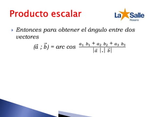  Entonces para obtener el ángulo entre dos
vectores
(𝑎 ; 𝑏) = arc cos
𝑎1 𝑏1 + 𝑎2 𝑏2 + 𝑎3 𝑏3
| 𝑎 |.| 𝑏|
 
