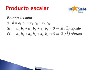 Entonces como
𝑎 . 𝑏 = 𝑎1 𝑏1 + 𝑎2 𝑏2 + 𝑎3 𝑏3
Si 𝑎1 𝑏1 + 𝑎2 𝑏2 + 𝑎3 𝑏3 > 0  (𝑎 ; 𝑏) agudo
Si 𝑎1 𝑏1 + 𝑎2 𝑏2 + 𝑎3 𝑏3 < 0  (𝑎 ; 𝑏) obtuso
 
