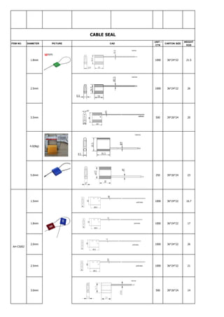 CABLE SEAL
ITEM NO. DIAMETER PICTURE CAD
UNIT /
CTN
CARTON SIZE
WEIGHT
KGS
1.8mm 1000 36*24*22 21.5
2.5mm 1000 36*24*22 26
3.5mm 500 39*26*24 20
4.0(Big)
5.0mm 250 39*26*24 23
AH-CS002
1.5mm 1000 36*24*22 16.7
1.8mm 1000 36*24*22 17
2.0mm 1000 36*24*22 26
2.5mm 1000 36*24*22 21
3.0mm 500 39*26*24 14
 