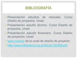 BIBLIOGRAFÍA
• Presentación estudios de mercado. Curso
Diseño de proyectos. Unad.
• Presentación estudio técnico. Curso Diseño de
proyectos. Unad.
• Presentación estudio financiero. Curso Diseño
de proyectos. Unad
• www.modulo de la unad de diseño de proyecto
• http://www.biblioteca.org.ar/libros/150399.pdf

 