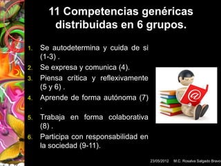 11 Competencias genéricas
        distribuidas en 6 grupos.
1.   Se autodetermina y cuida de si
     (1-3) .
2.   Se expresa y comunica (4).
3.   Piensa crítica y reflexivamente
     (5 y 6) .
4.   Aprende de forma autónoma (7)
     .
5.   Trabaja en forma colaborativa
     (8) .
6.   Participa con responsabilidad en
     la sociedad (9-11).
                                        23/05/2012   M.C. Rosalva Salgado Bravo
 