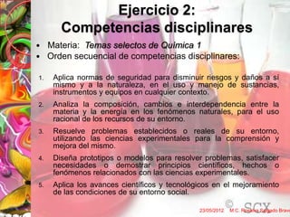 Ejercicio 2:
       Competencias disciplinares
 Materia: Temas selectos de Química 1
 Orden secuencial de competencias disciplinares:

1.   Aplica normas de seguridad para disminuir riesgos y daños a sí
     mismo y a la naturaleza, en el uso y manejo de sustancias,
     instrumentos y equipos en cualquier contexto.
2.   Analiza la composición, cambios e interdependencia entre la
     materia y la energía en los fenómenos naturales, para el uso
     racional de los recursos de su entorno.
3.   Resuelve problemas establecidos o reales de su entorno,
     utilizando las ciencias experimentales para la comprensión y
     mejora del mismo.
4.   Diseña prototipos o modelos para resolver problemas, satisfacer
     necesidades o demostrar principios científicos, hechos o
     fenómenos relacionados con las ciencias experimentales.
5.   Aplica los avances científicos y tecnológicos en el mejoramiento
     de las condiciones de su entorno social.

                                              23/05/2012   M.C. Rosalva Salgado Bravo
 