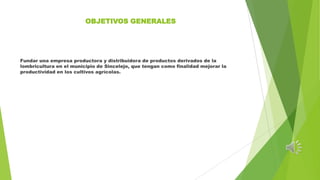 OBJETIVOS GENERALES

Fundar una empresa productora y distribuidora de productos derivados de la
lombricultura en el municipio de Sincelejo, que tengan como finalidad mejorar la
productividad en los cultivos agrícolas.

 