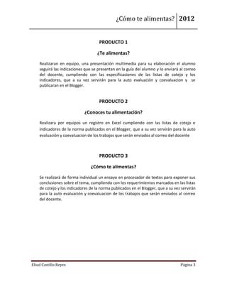 ¿Cómo te alimentas? 2012


                                     PRODUCTO 1

                                    ¿Te alimentas?
    Realizaran en equipo, una presentación multimedia para su elaboración el alumno
    seguirá las indicaciones que se presentan en la guía del alumno y lo enviará al correo
    del docente, cumpliendo con las especificaciones de las listas de cotejo y los
    indicadores, que a su vez servirán para la auto evaluación y coevaluacion y se
    publicaran en el Blogger.


                                     PRODUCTO 2

                             ¿Conoces tu alimentación?
    Realizara por equipos un registro en Excel cumpliendo con las listas de cotejo e
    indicadores de la norma publicados en el Blogger, que a su vez servirán para la auto
    evaluación y coevaluacion de los trabajos que serán enviados al correo del docente



                                     PRODUCTO 3

                                ¿Cómo te alimentas?

    Se realizará de forma individual un ensayo en procesador de textos para exponer sus
    conclusiones sobre el tema, cumpliendo con los requerimientos marcados en las listas
    de cotejo y los indicadores de la norma publicados en el Blogger, que a su vez servirán
    para la auto evaluación y coevaluacion de los trabajos que serán enviados al correo
    del docente.




Eliud Castillo Reyes                                                              Página 3
 