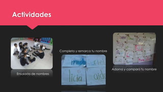 Actividades
Ensalada de nombres
Completa y remarca tu nombre
Adorna y compara tu nombre
 