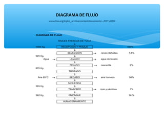 DIAGRAMA DE FLUJO          
            www.fao.org/inpho_archive/content/documents/.../RYT3.HTM


DIAGRAMA DE FLUJO

                   RAÍCES FRESCAS DE YUCA
                              ↓
1000 Kg.             RECEPCIÓN Y PESAJE                                   100%
                               ↓
                           SELECCIÓN             →     raíces dañadas      7.5%
925 Kg.                         ↓
      Agua    →              LAVADO              →     agua de lavado
                                ↓
                             PELADO               →    cascarilla          6%
870 Kg.                        ↓
                            TROZADO
                                ↓
 Aire 65°C    →              SECADO               →    aire húmedo         58%
                                ↓
                            MOLIENDA
365 Kg.                         ↓
                            TAMIZADO             →     ripio y pérdidas    1%
                               ↓
362 Kg.                     EMPAQUE                                        36 %
                             ↓
                       ALMACENAMIENTO
 