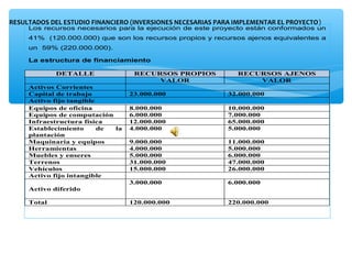 RESULTADOS DEL ESTUDIO FINANCIERO (INVERSIONES NECESARIAS PARA IMPLEMENTAR EL PROYECTO) 
     Los recursos necesarios para la ejecución de este proyecto están conformados un
     41% (120.000.000) que son los recursos propios y recursos ajenos equivalentes a
     un 59% (220.000.000).

     La estructura de financiamiento

             DETALLE               RECURSOS PROPIOS             RECURSOS AJENOS
                                        VALOR                       VALOR
     Activos Corrientes
     Capital de trabajo           23.000.000                 32.000.000
     Activo fijo tangible
     Equipos de oficina           8.000.000                  10.000.000
     Equipos de computación       6.000.000                  7.000.000
     Infraestructura física       12.000.000                 65.000.000
     Establecimiento      de la   4.000.000                  5.000.000
     plantación
     Maquinaria y equipos         9.000.000                  11.000.000
     Herramientas                 4.000.000                  5.000.000
     Muebles y enseres            5.000.000                  6.000.000
     Terrenos                     31.000.000                 47.000.000
     Vehículos                    15.000.000                 26.000.000
     Activo fijo intangible
                                  3.000.000                  6.000.000
     Activo diferido

     Total                        120.000.000                220.000.000
 