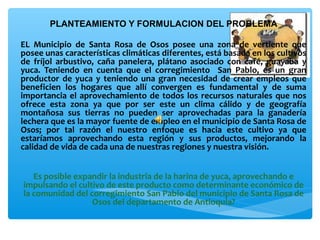  
        PLANTEAMIENTO Y FORMULACION DEL PROBLEMA

EL  Municipio  de  Santa  Rosa  de  Osos  posee  una  zona  de  vertiente  que 
posee unas características climáticas diferentes, está basada en los cultivos 
de  fríjol  arbustivo,  caña  panelera,  plátano  asociado  con  café,  guayaba  y 
yuca.  Teniendo  en  cuenta  que  el  corregimiento    San  Pablo,  es  un  gran 
productor  de  yuca  y  teniendo  una  gran  necesidad  de  crear  empleos  que 
beneficien  los  hogares  que  allí  convergen  es  fundamental  y  de  suma 
importancia  el  aprovechamiento  de  todos  los  recursos  naturales  que  nos 
ofrece  esta  zona  ya  que  por  ser  este  un  clima  cálido  y  de  geografía 
montañosa  sus  tierras  no  pueden  ser  aprovechadas  para  la  ganadería 
lechera que es la mayor fuente de empleo en el municipio de Santa Rosa de 
Osos;  por  tal  razón  el  nuestro  enfoque  es  hacia  este  cultivo  ya  que 
estaríamos  aprovechando  esta  región  y  sus  productos,  mejorando  la 
calidad de vida de cada una de nuestras regiones y nuestra visión. 


   Es posible expandir la industria de la harina de yuca, aprovechando e 
impulsando el cultivo de este producto como determinante económico de 
la comunidad del corregimiento San Pablo del municipio de Santa Rosa de 
                  Osos del departamento de Antioquia?
 