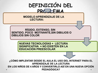 DEFINICIÓN DEL PROBLEMA¿CÓMO IMPLENTAR DESDE EL AULA EL USO DEL INTERNET PARA EL APRENDIZAJE DE LA LECTURAEN LOS NIÑOS DE 4 AÑOS Y CONVERTIRLO ASÍ EN UNA NUEVA OPCIÓN PEDAGÓGICA?