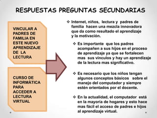 RESPUESTAS PREGUNTAS SECUNDARIASInternet, niños,  lectura y  padres de familia  hacen una mezcla innovadora  que da como resultado el aprendizaje  y la motivación. VINCULAR A PADRES DE FAMILIA EN ESTE NUEVO APRENDIZAJE DE  LA LECTURAEs importante  que los padres acompañen a sus hijos en el proceso de aprendizaje ya que se fortalecen mas  sus vínculos y hay un aprendizaje de la lectura mas significativo.CURSO DE INFORMÀTICA PARA ACCEDER A LECTURA VIRTUALEs necesario que los niños tengan algunos conceptos básicos   sobre el manejo del computador y siempre estén orientados por el docente.