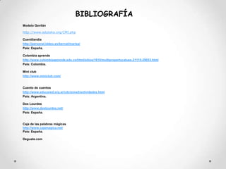 BIBLIOGRAFÍA Modelo Gavilánhttp://www.eduteka.org/CMI.phpCuentilandia http://personal.iddeo.es/bernal/marisa/País: España. Colombia aprende http://www.colombiaaprende.edu.co/html/sitios/1610/multipropertyvalues-21115-29033.htmlPaís: Colombia. Mini club http://www.miniclub.com/Cuento de cuentoshttp://www.educared.org.ar/cdc/zona3/actividades.htmlPaís: Argentina. Dos Lourdes http://www.doslourdes.net/País: España.Caja de las palabras mágicas http://www.cajamagica.net/País: España.Deguate.com