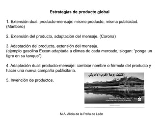 Estrategias de producto global

1. Extensión dual: producto-mensaje: mismo producto, misma publicidad.
(Marlboro)

2. Extensión del producto, adaptación del mensaje. (Corona)

3. Adaptación del producto, extensión del mensaje.
(ejemplo gasolina Exxon adaptada a climas de cada mercado, slogan: “ponga un
tigre en su tanque”)

4. Adaptación dual: producto-mensaje: cambiar nombre o fórmula del producto y
hacer una nueva campaña publicitaria.

5. Invención de productos.




                             M.A. Alicia de la Peña de León
 