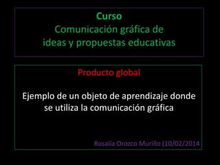 Curso
Comunicación gráfica de
ideas y propuestas educativas
Producto global
Ejemplo de un objeto de aprendizaje donde
se utiliza la comunicación gráfica

Rosalía Orozco Murillo (10/02/2014

 