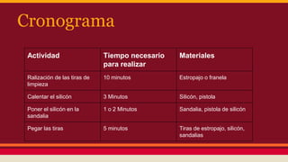 Cronograma
Actividad Tiempo necesario
para realizar
Materiales
Ralización de las tiras de
limpieza
10 minutos Estropajo o franela
Calentar el silicón 3 Minutos Silicón, pistola
Poner el silicón en la
sandalia
1 o 2 Minutos Sandalia, pistola de silicón
Pegar las tiras 5 minutos Tiras de estropajo, silicón,
sandalias
 