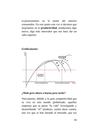 re-posicionamos en la mente del anterior
consumidor. En este punto esta vez sí decimos que
mejoramos en la productividad, producimos algo
nuevo, algo más innovador que nos hace dar un
salto superior.




Gráficamente:




¿Malo pero ahora o bueno pero tarde?

Nuevamente, debido a la gran competitividad que
se vive en este mundo globalizado, aquellas
empresas que se pasan “la vida” investigando y
desarrollando “el” producto, suelen darse cuenta,
una vez que se han lanzado al mercado, que sus

                                              43
 