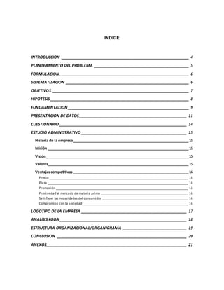 INDICE
INTRODUCCION __________________________________________________________ 4
PLANTEAMIENTO DEL PROBLEMA ___________________________________________ 5
FORMULACION___________________________________________________________ 6
SISTEMATIZACION ________________________________________________________ 6
OBJETIVOS ______________________________________________________________ 7
HIPOTESIS _______________________________________________________________ 8
FUNDAMENTACION _______________________________________________________ 9
PRESENTACION DE DATOS_________________________________________________ 11
CUESTIONARIO __________________________________________________________ 14
ESTUDIO ADMINISTRATIVO ________________________________________________ 15
Historia de la empresa____________________________________________________________15
Misión _________________________________________________________________________15
Visión__________________________________________________________________________15
Valores_________________________________________________________________________15
Ventajas competitivas ____________________________________________________________16
Precio ____________________________________________________________________________________ 16
Plaza _____________________________________________________________________________________ 16
Promoción ________________________________________________________________________________ 16
Proximidad al mercado de materia prima _____________________________________________________ 16
Satisfacer las necesidades del consumidor ____________________________________________________ 16
Compromiso con la sociedad________________________________________________________________ 16
LOGOTIPO DE LA EMPRESA ________________________________________________ 17
ANALISIS FODA__________________________________________________________ 18
ESTRUCTURA ORGANIZACIONAL/ORGANIGRAMA _____________________________ 19
CONCLUSION ___________________________________________________________ 20
ANEXOS________________________________________________________________ 21
 