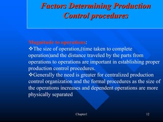 Factors Determining Production
           Control procedures


Magnitude to operations:
  The size of operation,(time taken to complete
operation)and the distance traveled by the parts from
operations to operations are important in establishing proper
production control procedures.
  Generally the need is greater for centralized production
control organization and the formal procedures as the size of
the operations increases and dependent operations are more
physically separated


                     Chapter1                         12
 