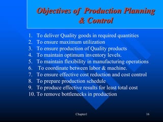 Objectives of Production Planning
                & Control
1. To deliver Quality goods in required quantities
2. To ensure maximum utilization
3. To ensure production of Quality products
4. To maintain optimum inventory levels.
5. To maintain flexibility in manufacturing operations
6. To coordinate between labor & machine.
7. To ensure effective cost reduction and cost control
8. To prepare production schedule
9. To produce effective results for least total cost
10. To remove bottlenecks in production


                     Chapter1                       16
 