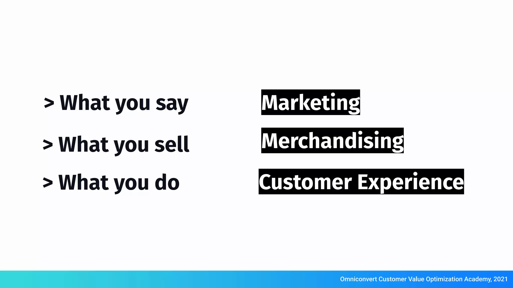 Omniconvert Customer Value Optimization Academy, 2021
> What you say Marketing
> What you sell
> What you do
Merchandising
Customer Experience
 