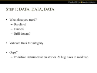 STEP 1: DATA, DATA, DATA
• What data you need?
– Baseline?
– Funnel?
– Drill downs?
• Validate Data for integrity
• Gaps?
– Prioritize instrumentation stories & bug fixes to roadmap
 