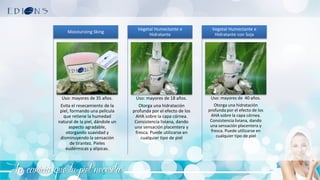 La caricia que tu piel necesita
Uso: mayores de 35 años.
Evita el resecamiento de la
piel, formando una película
que retiene la humedad
natural de la piel, dándole un
aspecto agradable,
otorgando suavidad y
disminuyendo la sensación
de tirantez. Pieles
eudérmicas y alípicas.
Moisturizing Sking
Uso: mayores de 18 años.
Otorga una hidratación
profunda por el efecto de los
AHA sobre la capa córnea.
Consistencia liviana, dando
una sensación placentera y
fresca. Puede utilizarse en
cualquier tipo de piel
Vegetal Humectante e
Hidratante
Uso: mayores de 40 años.
Otorga una hidratación
profunda por el efecto de los
AHA sobre la capa córnea.
Consistencia liviana, dando
una sensación placentera y
fresca. Puede utilizarse en
cualquier tipo de piel
Vegetal Humectante e
Hidratante con Soja
 