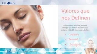 La caricia que tu piel necesita
Valores que
nos Definen
Hoy podemos asegurar en cada
entrega, que hemos desarrollados
durante estos 10 años un producto:
• Confiable
• Accesible
• Integro
 