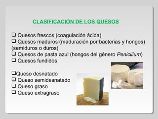  Quesos frescos (coagulación ácida)
 Quesos maduros (maduración por bacterias y hongos)
(semiduros o duros)
 Quesos de pasta azul (hongos del género Penicilium)
 Quesos fundidos
Queso desnatado
 Queso semidesnatado
 Queso graso
 Queso extragraso
CLASIFICACIÓN DE LOS QUESOS
 