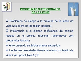  Problemas de alergia a la proteína de la leche de
vaca (2.5 al 5% de los recién nacidos).
 Intolerancia a la lactosa (deficiencia de enzima
lactasa en el epitelio intestinal) (alternativas con
preparados lácteos).
 Alto contenido en ácidos grasos saturados.
 Las leches desnatadas tienen un menor contenido de
vitaminas liposolubles A y D.
PROBELMAS NUTRICIONALES
DE LA LECHE
 