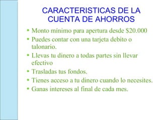 CARACTERISTICAS DE LA CUENTA DE AHORROS Monto mínimo para apertura desde $20.000 Puedes contar con una tarjeta debito o talonario. Llevas tu dinero a todas partes sin llevar efectivo Trasladas tus fondos. Tienes acceso a tu dinero cuando lo necesites. Ganas intereses al final de cada mes. 