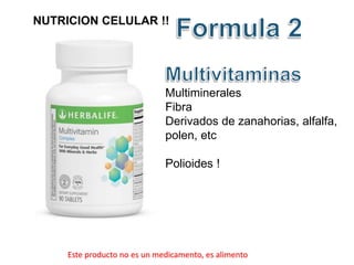 NUTRICION CELULAR !! 
Multiminerales 
Fibra 
Derivados de zanahorias, alfalfa, 
polen, etc 
Polioides ! 
Este producto no es un medicamento, es alimento 
 
