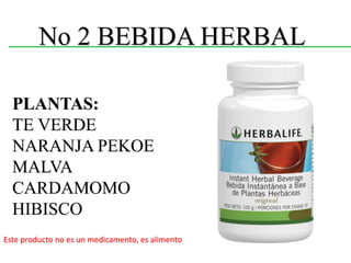 No 2 BEBIDA HERBAL 
PLANTAS: 
TE VERDE 
NARANJA PEKOE 
MALVA 
CARDAMOMO 
HIBISCO 
Este producto no es un medicamento, es alimento 
 