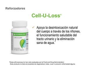 Cell-U-Loss® 
 Apoya la desintoxicación natural 
del cuerpo a través de los riñones, 
el funcionamiento saludable del 
tracto urinario y la eliminación 
sana de agua.* 
Reforzadores 
*Estas afirmaciones no han sido evaluadas por la Food and Drug Administration. 
Este producto no tiene el propósito de diagnosticar, tratar, curar ni prevenir enfermedad alguna. 
 