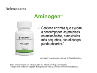 Aminogen®† 
 Contiene enzimas que ayudan 
a descomponer las proteínas 
en aminoácidos, o moléculas 
más pequeñas, que el cuerpo 
puede absorber.* 
†Aminogen® es una marca registrada de Triarco Industries. 
Reforzadores 
*Estas afirmaciones no han sido evaluadas por la Food and Drug Administration. 
Este producto no tiene el propósito de diagnosticar, tratar, curar ni prevenir enfermedad alguna. 
 