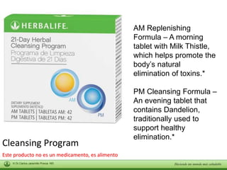 Cleansing Program 
Este producto no es un medicamento, es alimento 
AM Replenishing 
Formula – A morning 
tablet with Milk Thistle, 
which helps promote the 
body’s natural 
elimination of toxins.* 
PM Cleansing Formula – 
An evening tablet that 
contains Dandelion, 
traditionally used to 
support healthy 
elimination.* 
 