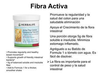 Fibra Activa 
 Promueve la regularidad y la 
salud del colon para una 
saludable eliminación 
 Apoya el Crecimiento de la flora 
intestinal 
 Una porción otorga 5g de fibra 
soluble e insoluble. Minimiza 
estomago inflamado. 
 Agréguelo a su Batido de 
Formula 1 o tómelo con agua. Es 
fácil de disolver. 
 La fibra es importante para el 
control de peso y la salud 
intestinal 
• Promotes regularity and healthy 
bowel movement* 
• Supports growth of friendly intestinal 
bacteria* 
• 5g of balanced soluble and insoluble 
fiber 
• Add to Formula 1 for a thicker, 
smoother shake 
 
